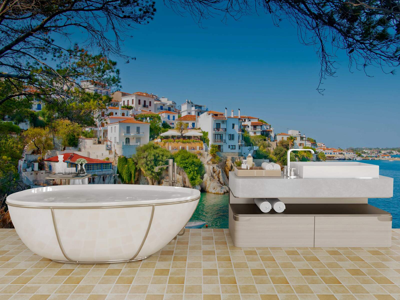 Fotobehang een rustige haven bij een Griekse nederzetting