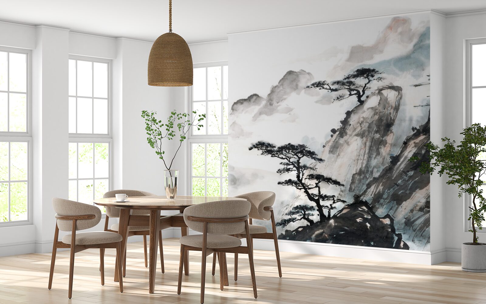 Fotobehang aquarel van een waterval en eenzame bomen