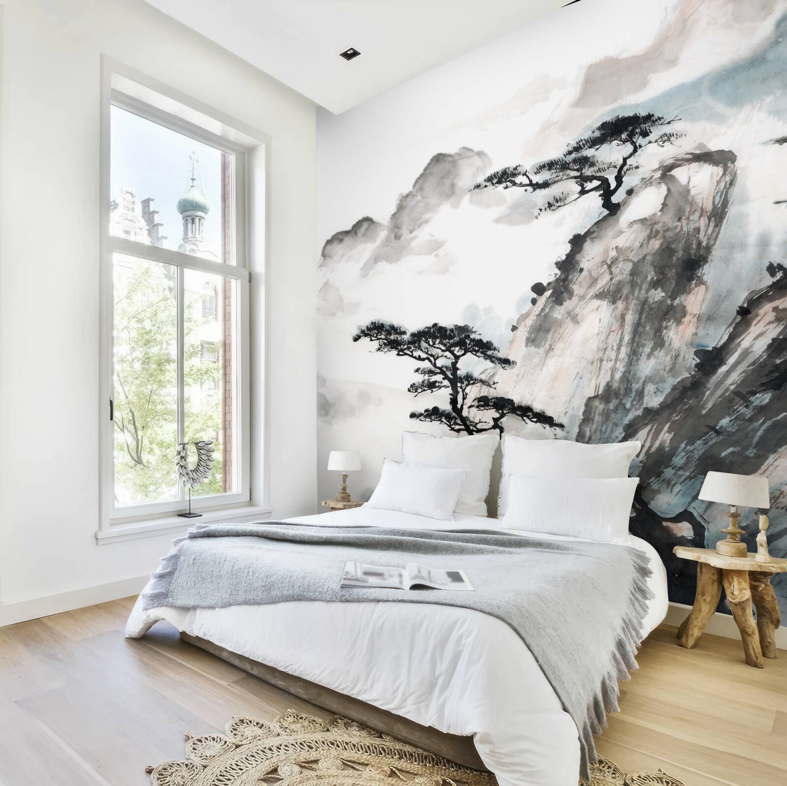 Fotobehang aquarel van een waterval en eenzame bomen