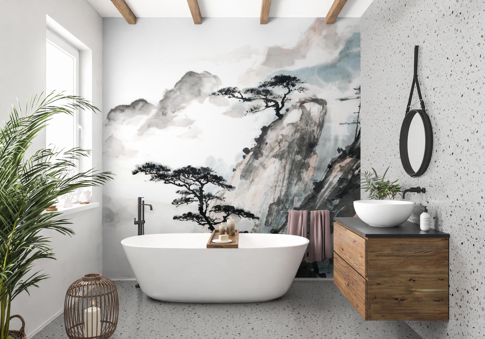 Fotobehang aquarel van een waterval en eenzame bomen