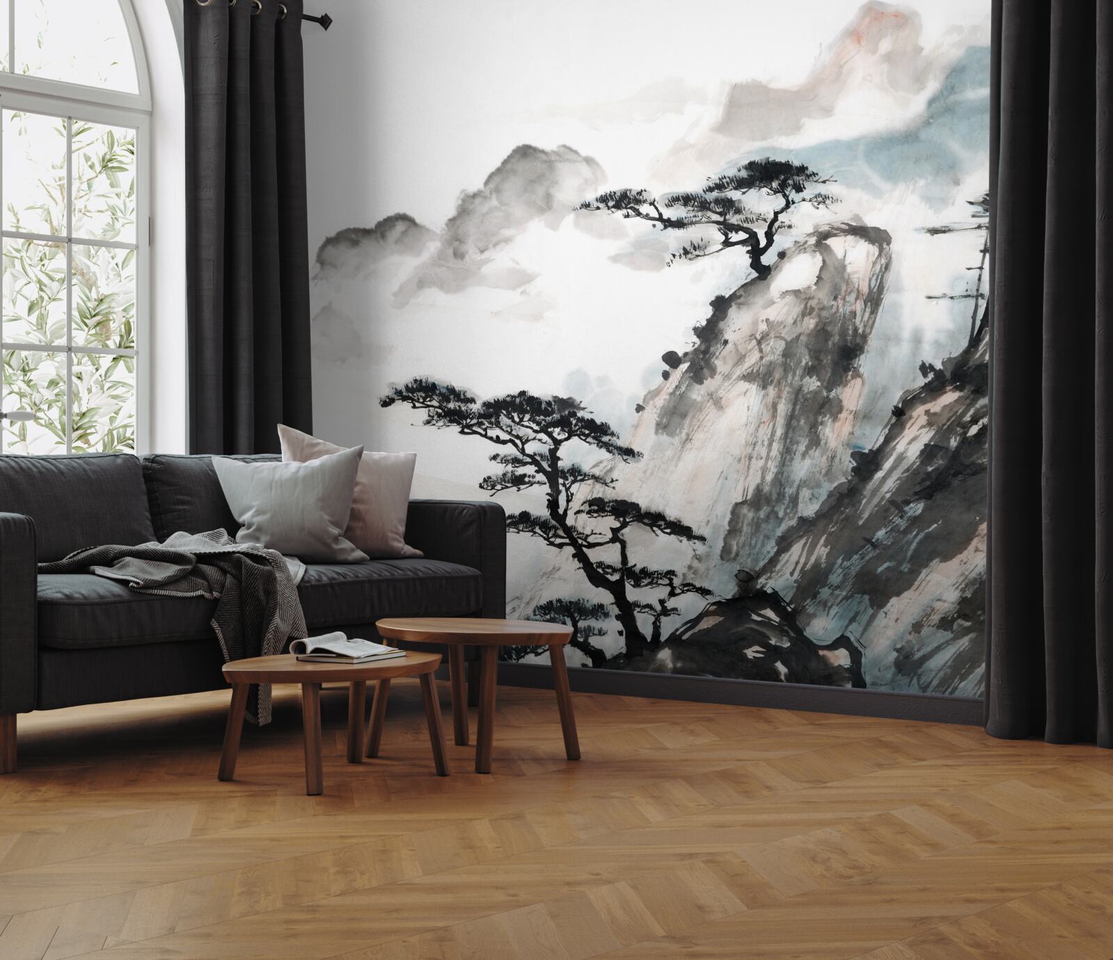 Fotobehang aquarel van een waterval en eenzame bomen