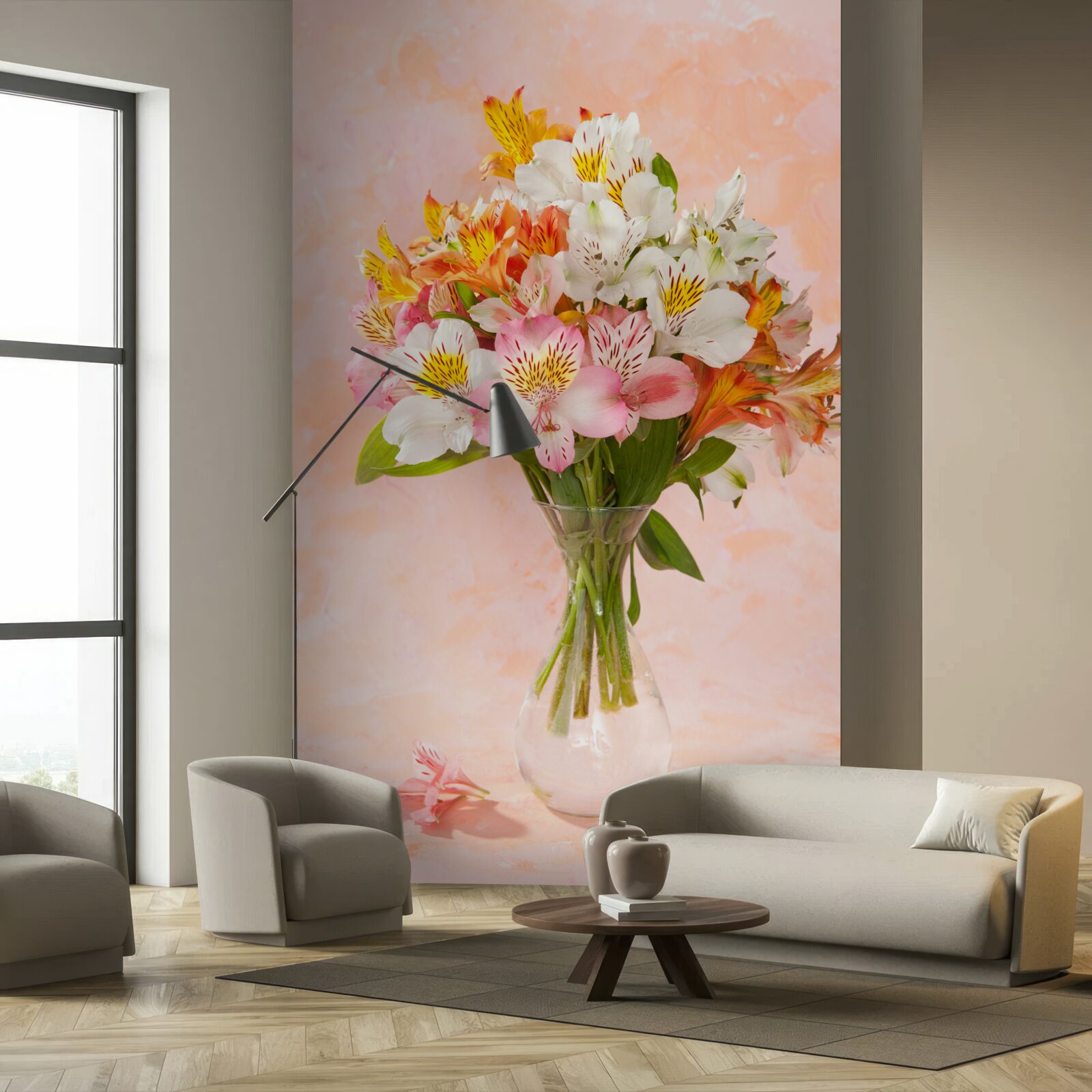 Fotobehang in de vaas staat een boeket verse lentebloemen