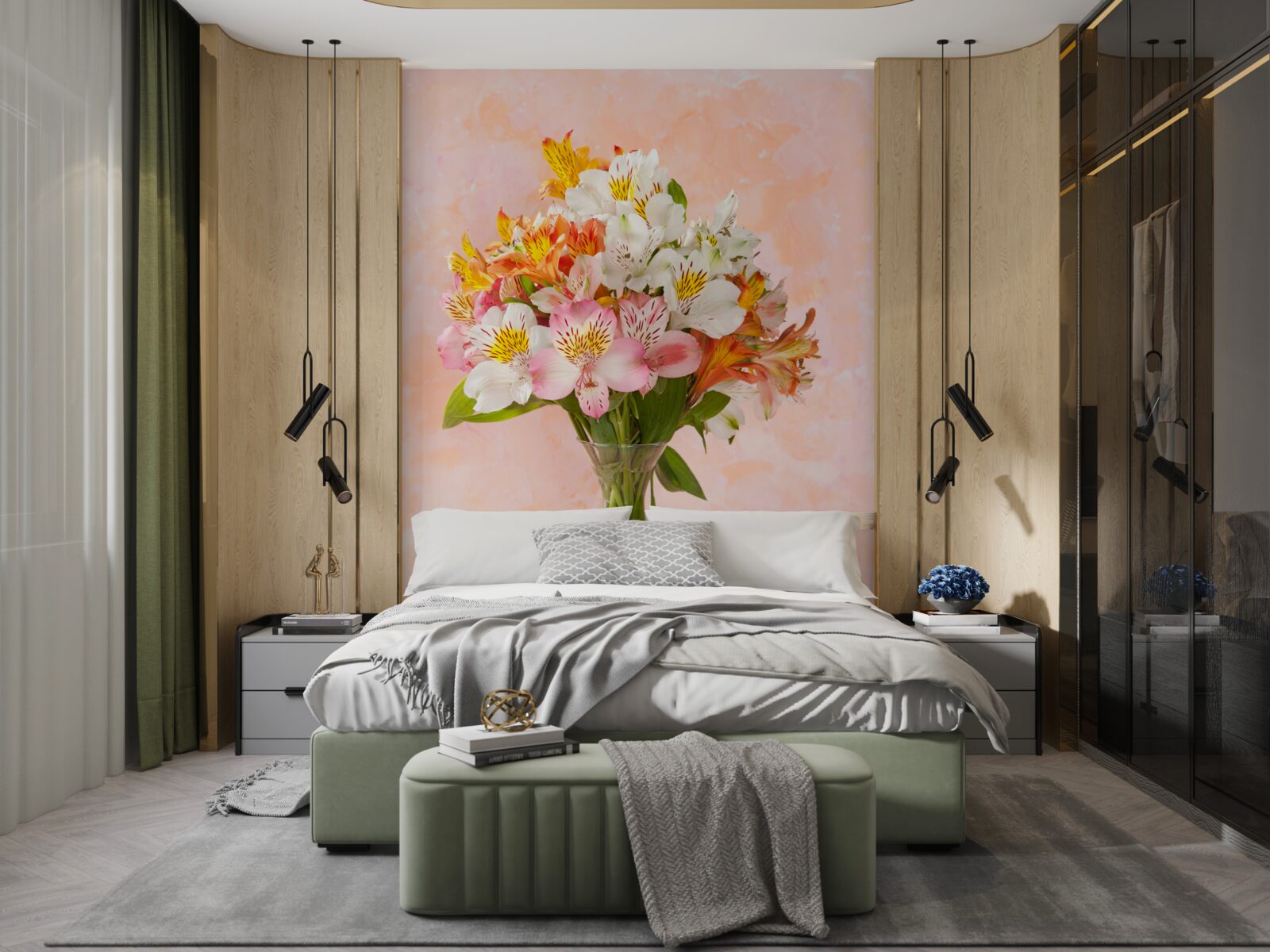 Fotobehang in de vaas staat een boeket verse lentebloemen