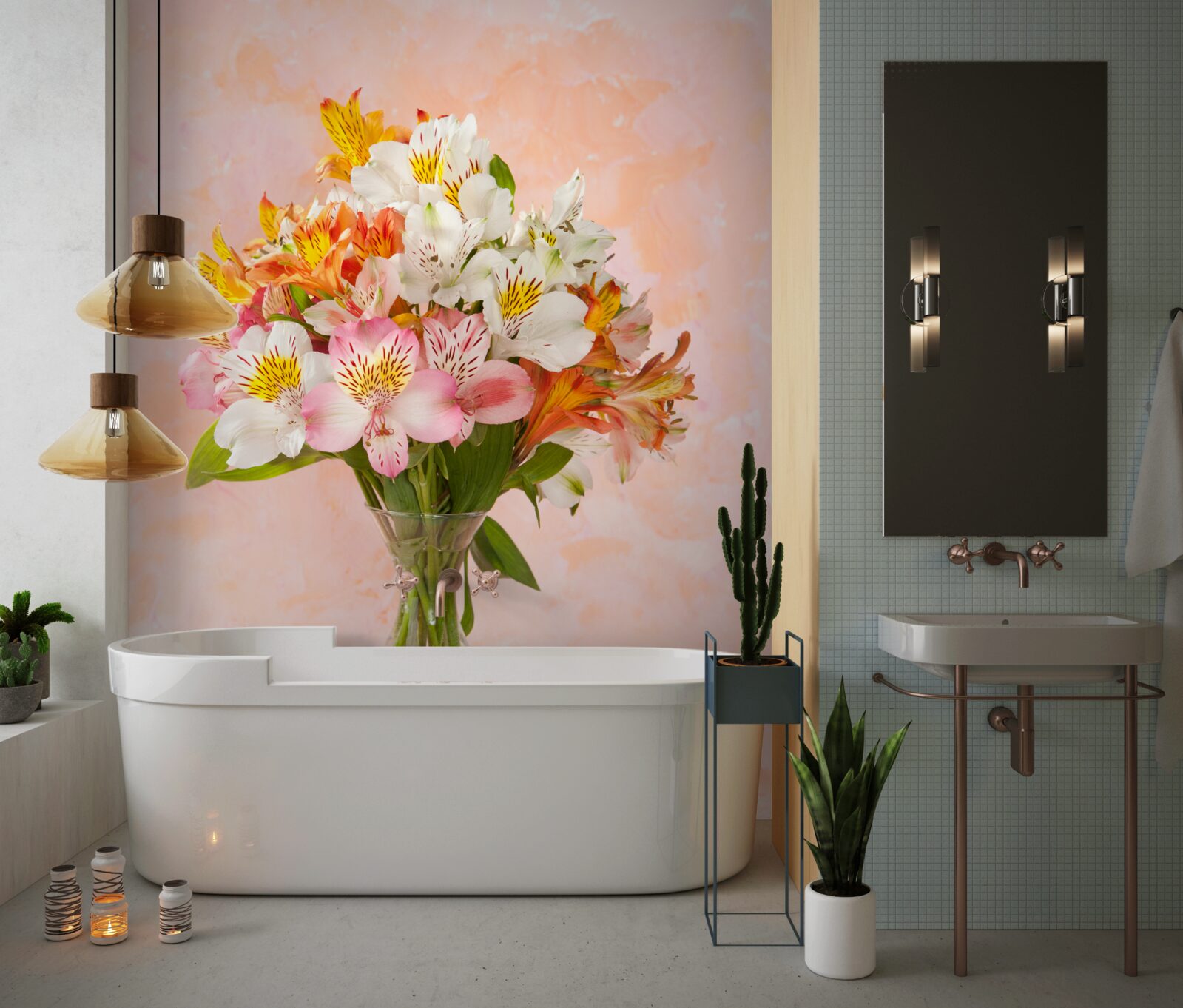 Fotobehang in de vaas staat een boeket verse lentebloemen