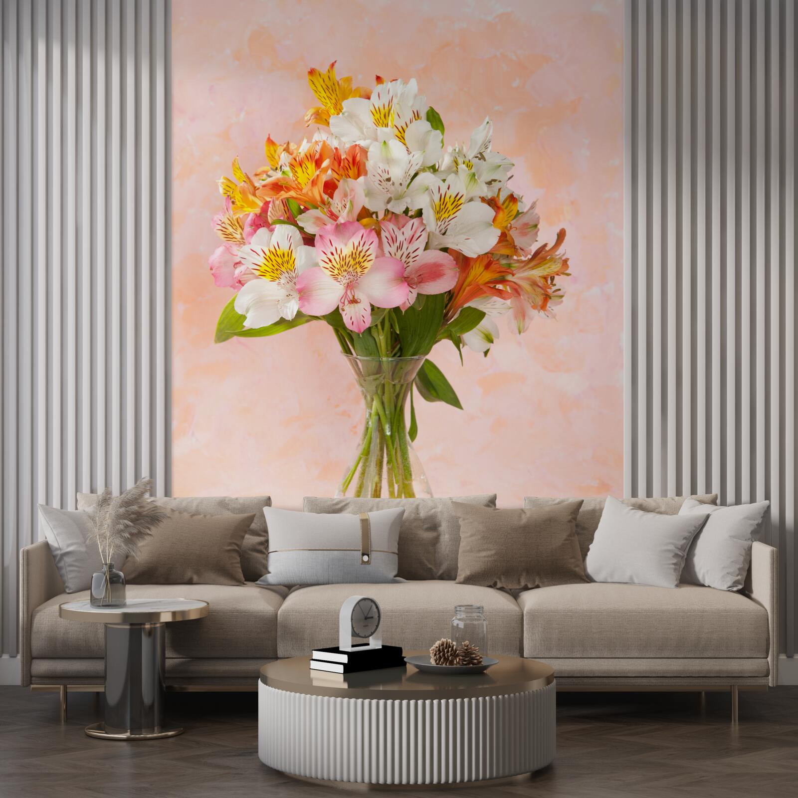 Fotobehang in de vaas staat een boeket verse lentebloemen