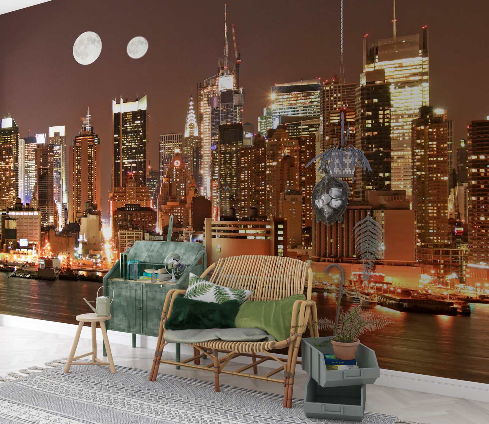 Fotobehang de zon en de maan schijnen over een enorme stad