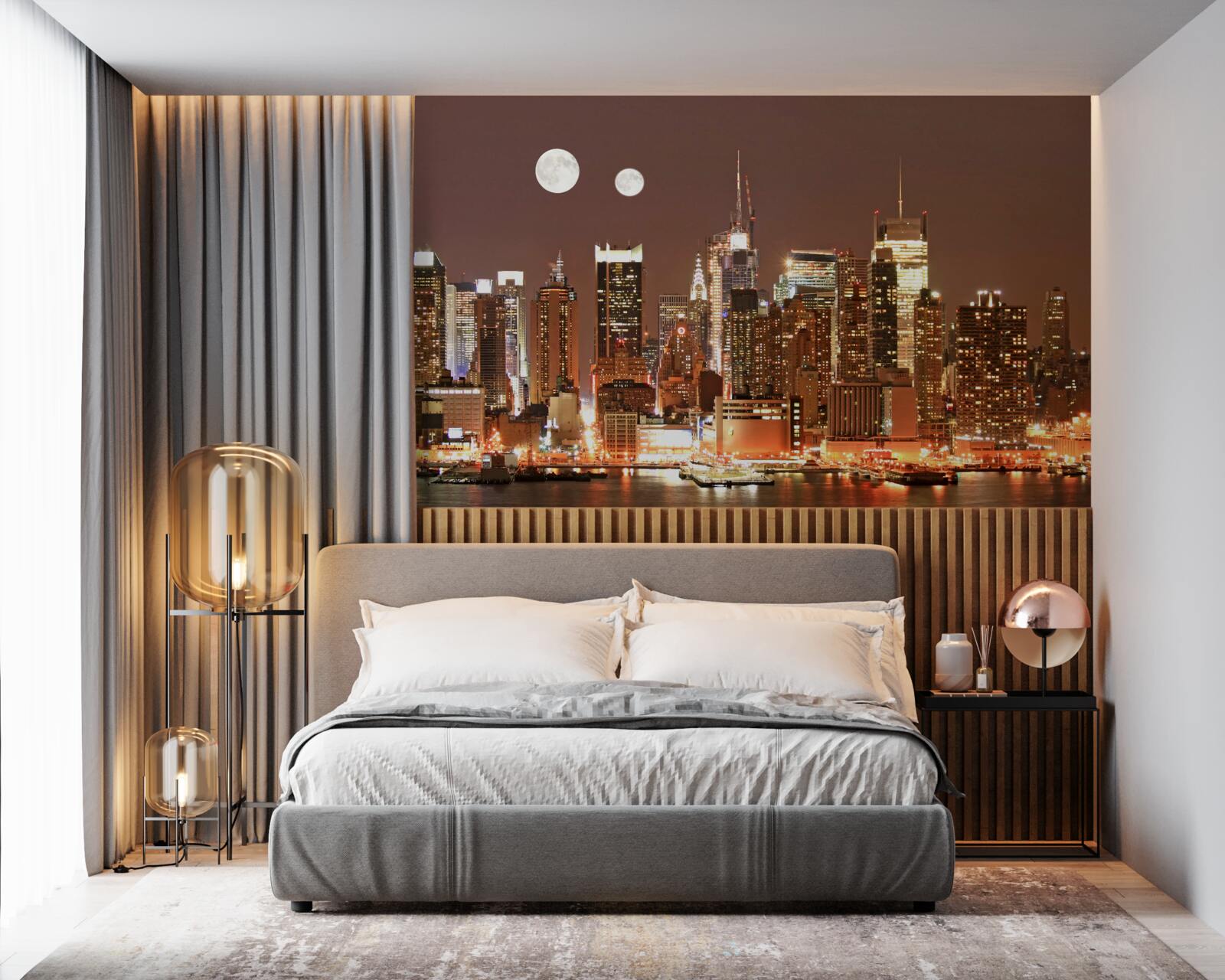 Fotobehang de zon en de maan schijnen over een enorme stad