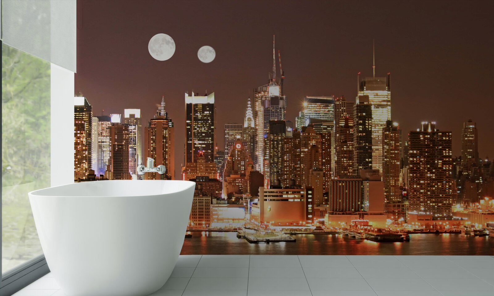 Fotobehang de zon en de maan schijnen over een enorme stad