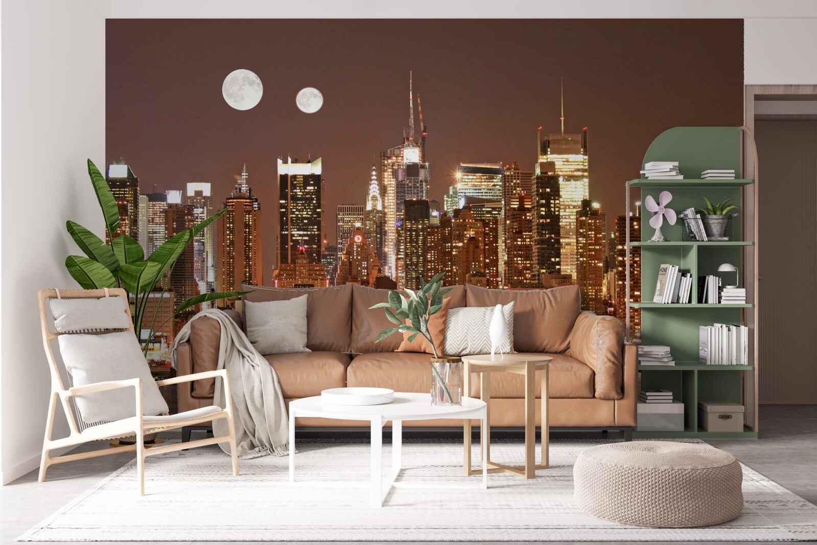 Fotobehang de zon en de maan schijnen over een enorme stad