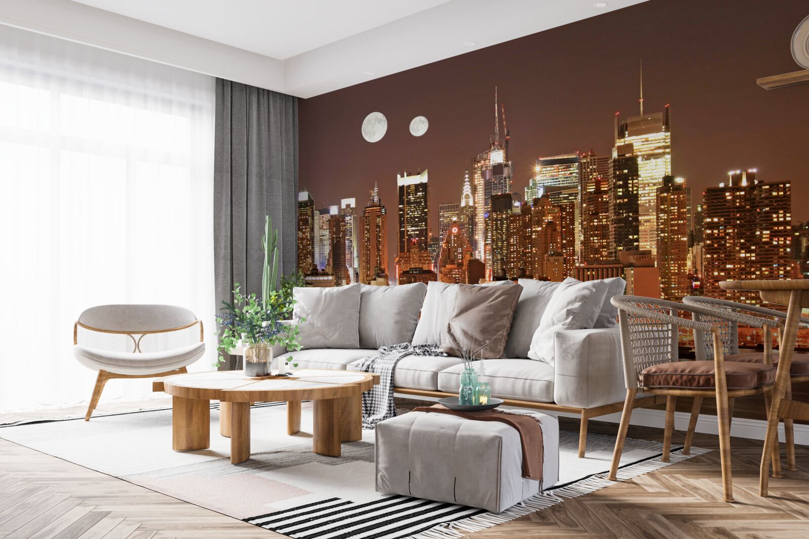 Fotobehang de zon en de maan schijnen over een enorme stad