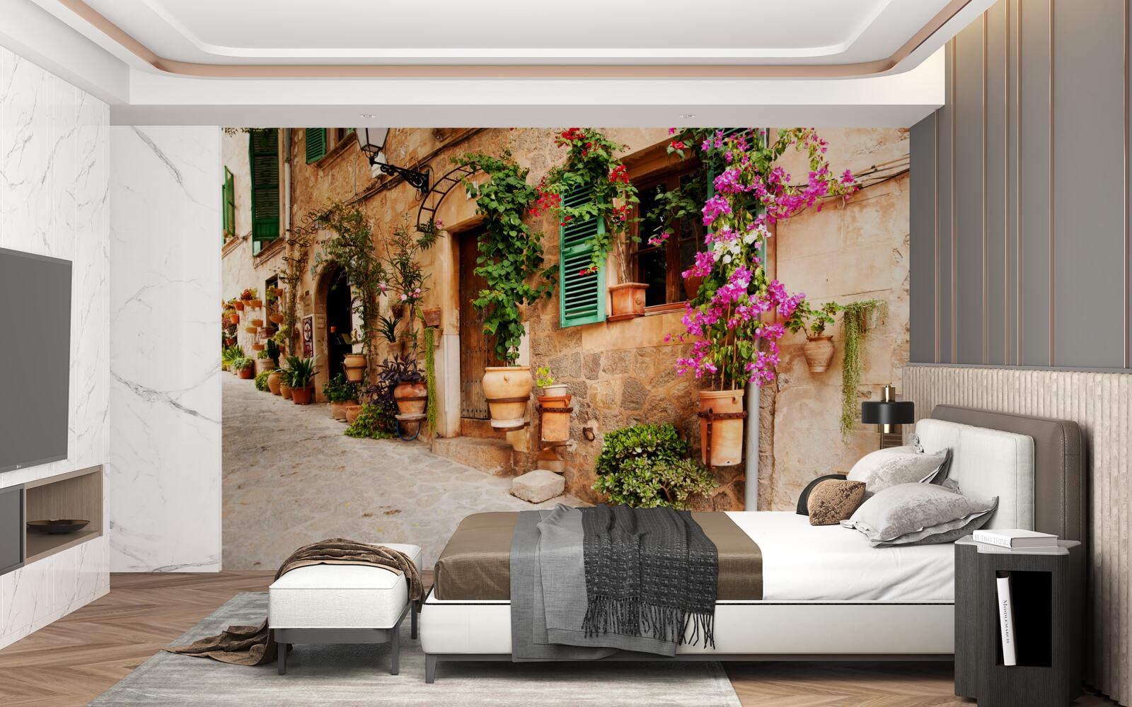 Fotobehang oude hellende straat versierd met bloemen