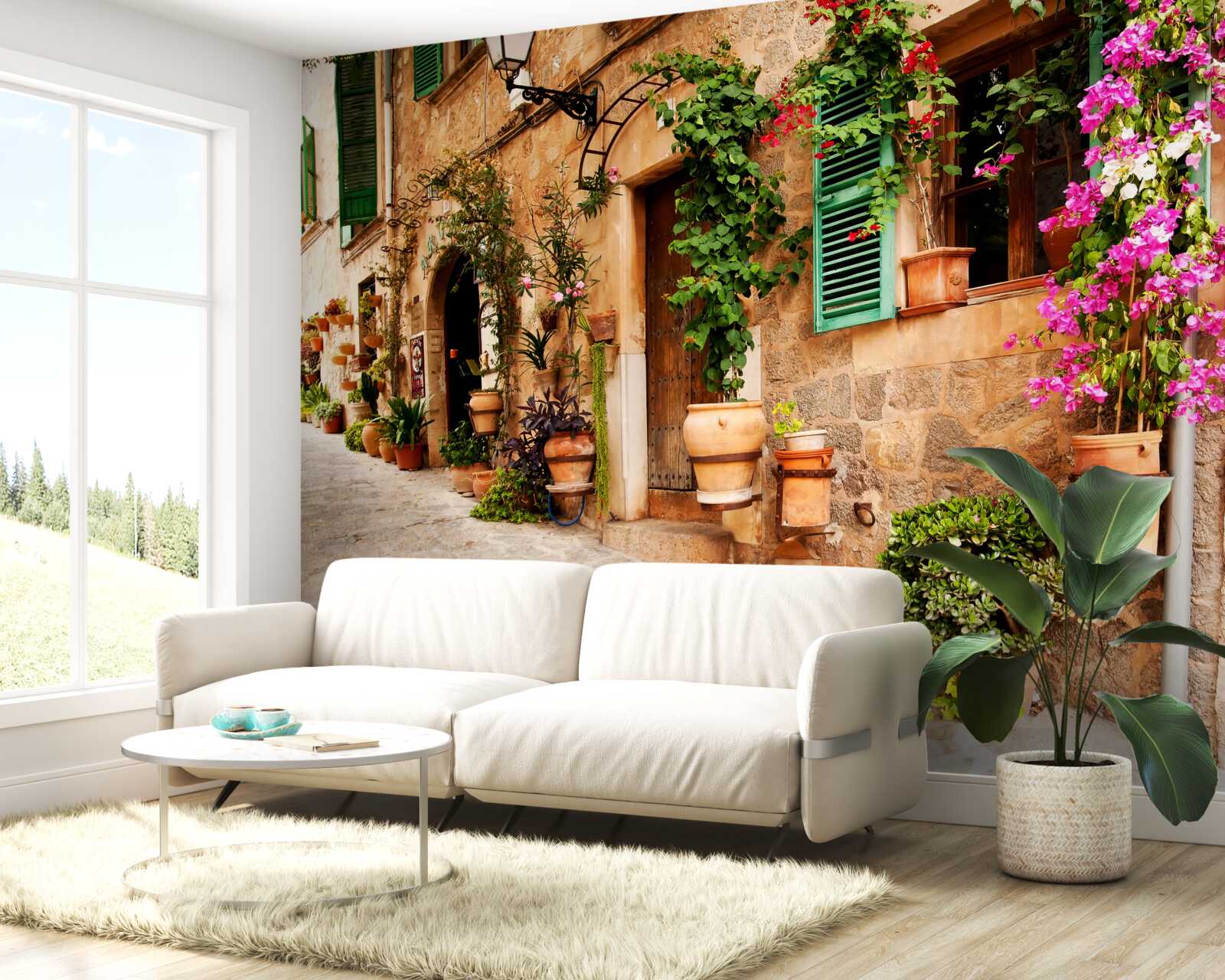 Fotobehang oude hellende straat versierd met bloemen