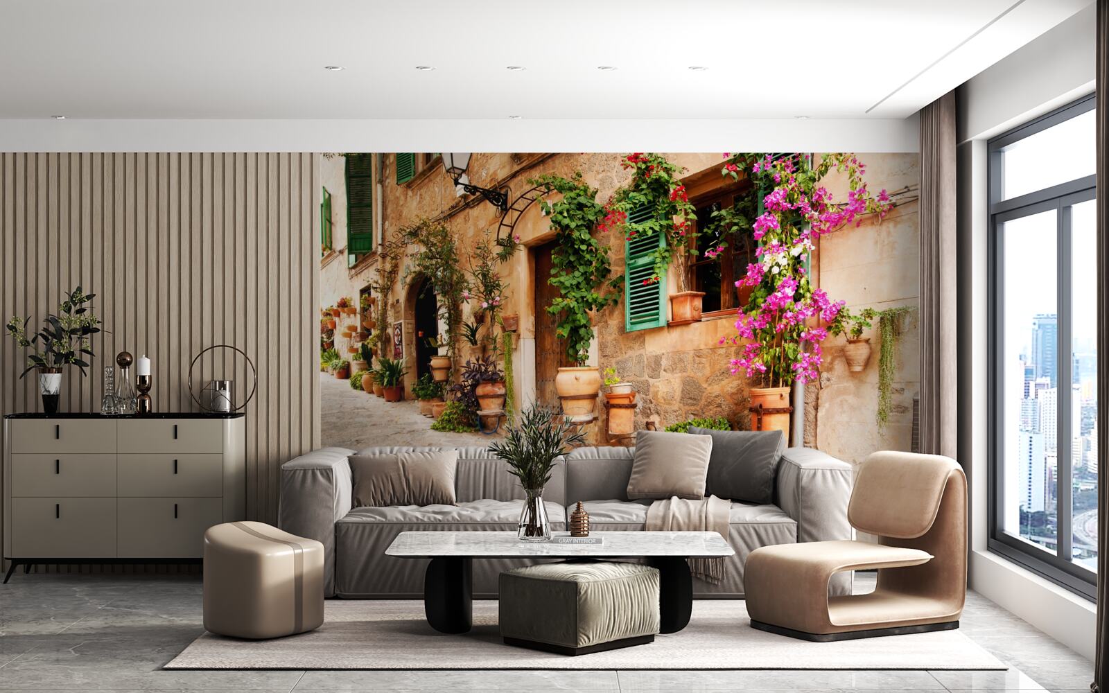 Fotobehang oude hellende straat versierd met bloemen