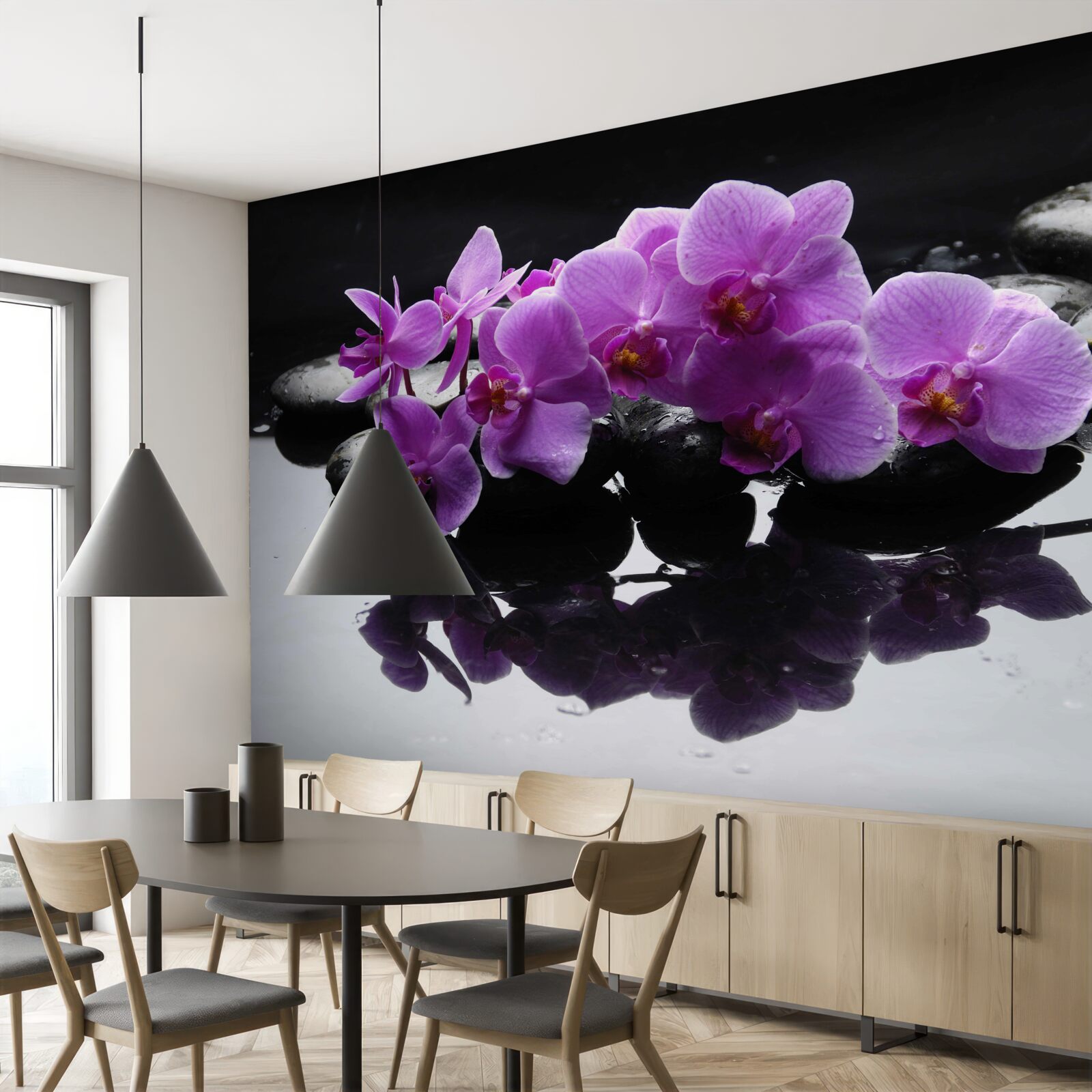 Fotobehang lila orchidee op een steen bij water