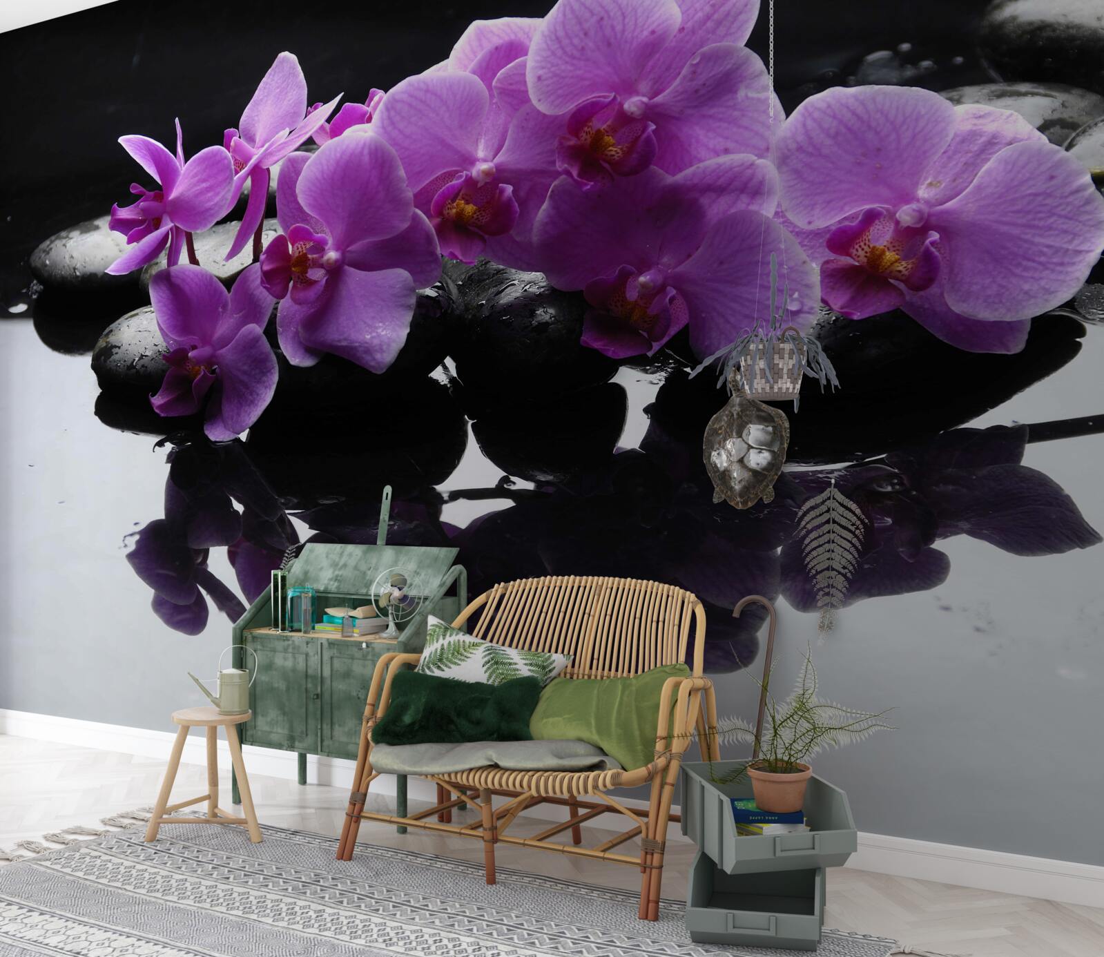 Fotobehang lila orchidee op een steen bij water