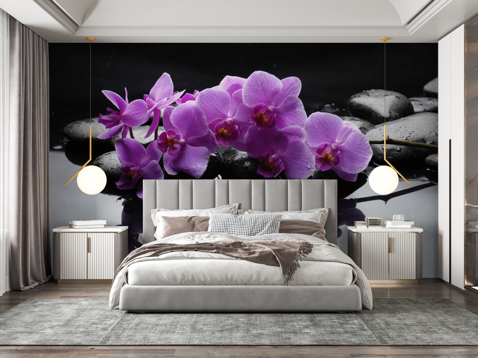 Fotobehang lila orchidee op een steen bij water