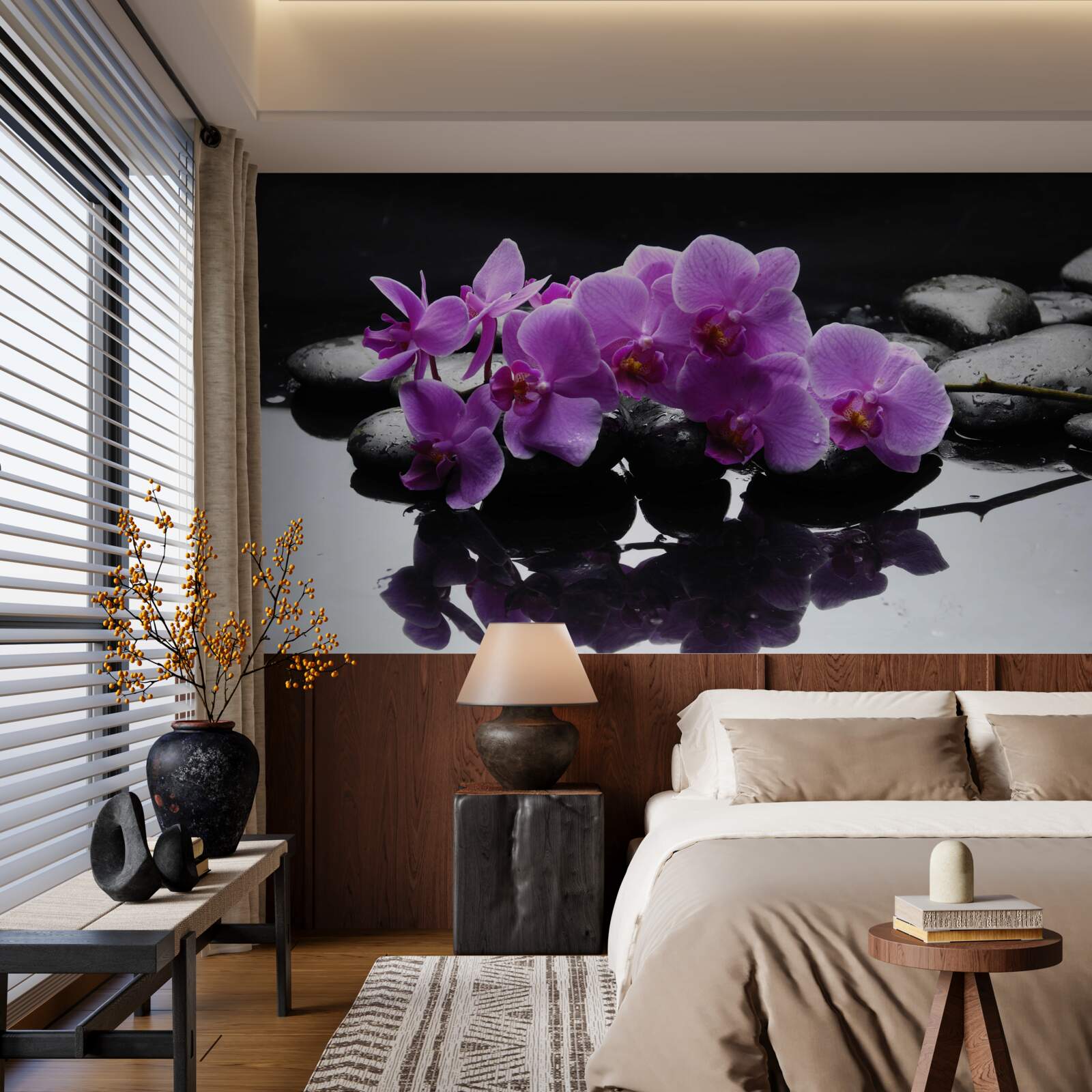 Fotobehang lila orchidee op een steen bij water