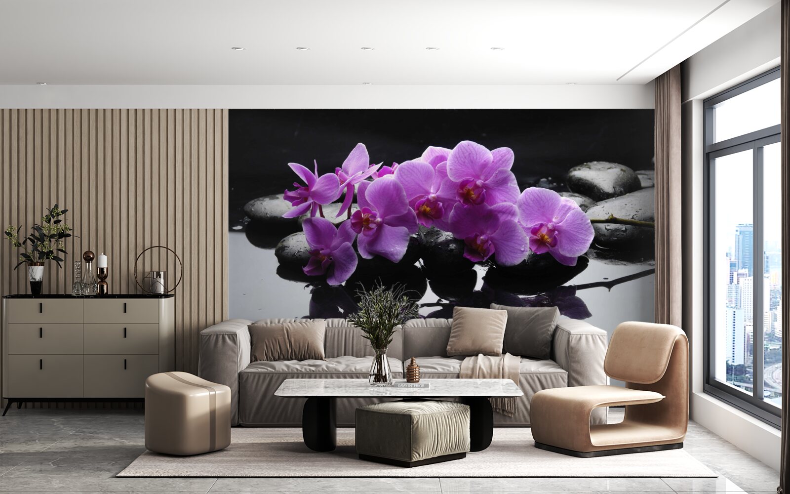 Fotobehang lila orchidee op een steen bij water