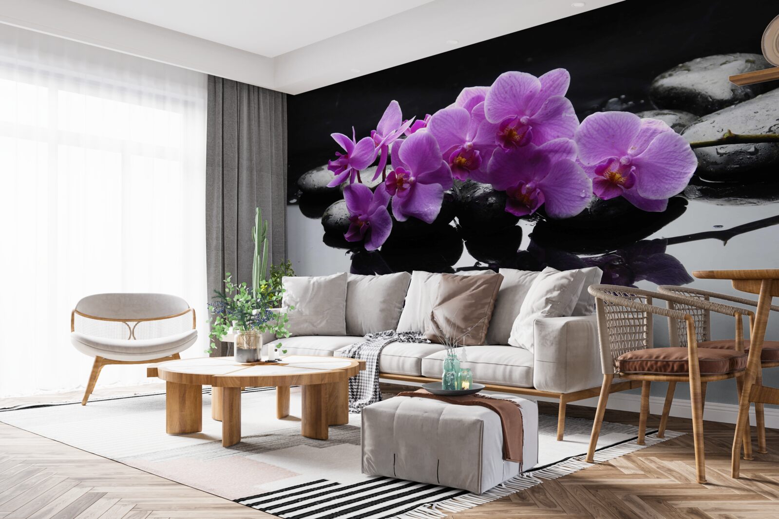 Fotobehang lila orchidee op een steen bij water