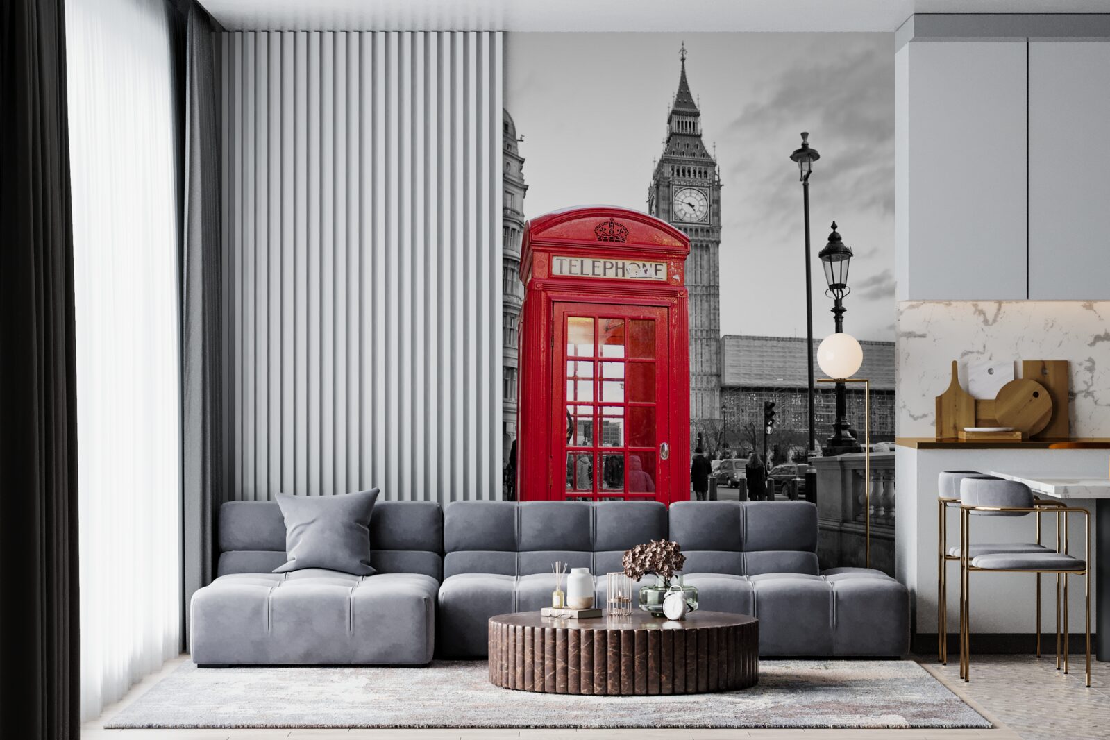Fotobehang in het centrum, naast de Big Ben, staat een rode telefooncel