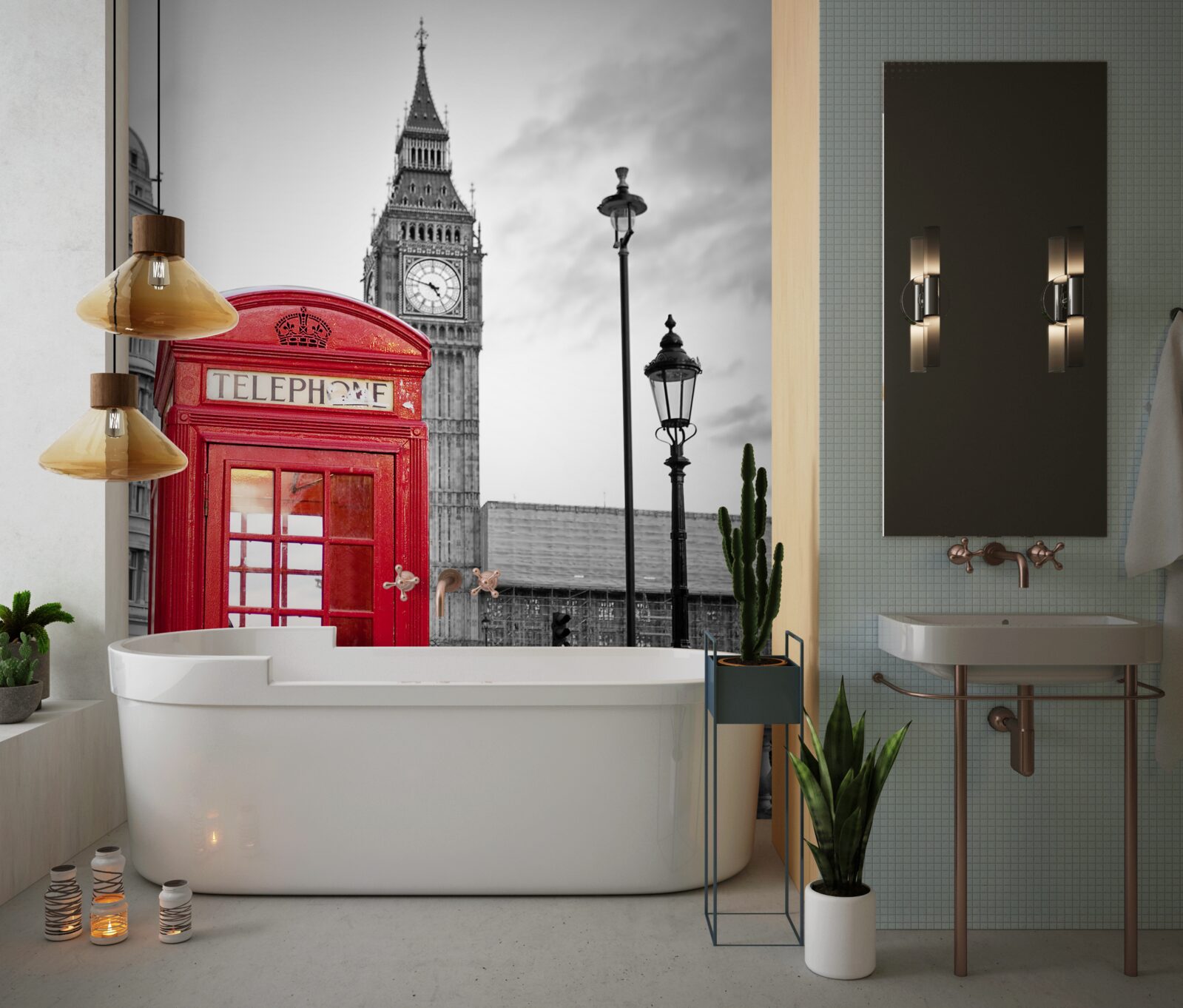 Fotobehang in het centrum, naast de Big Ben, staat een rode telefooncel