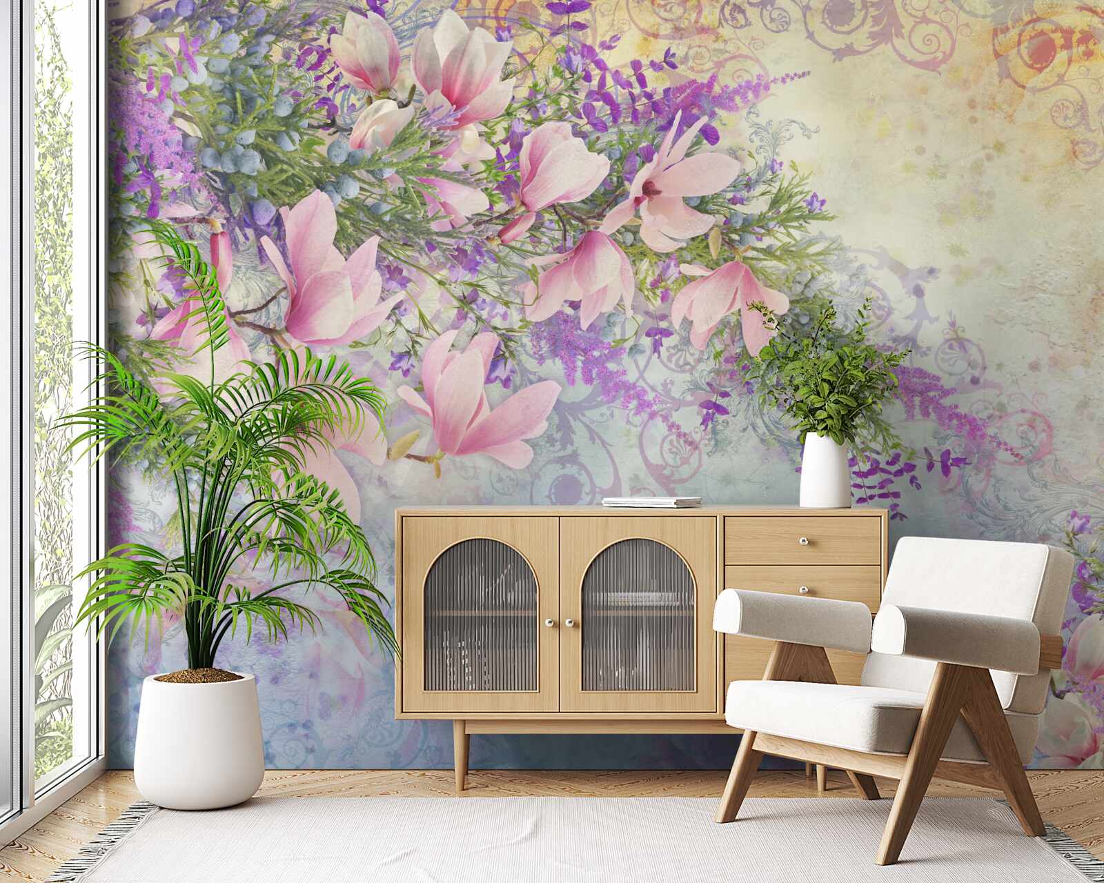 Fotobehang felle bloemen tegen een delicate achtergrond