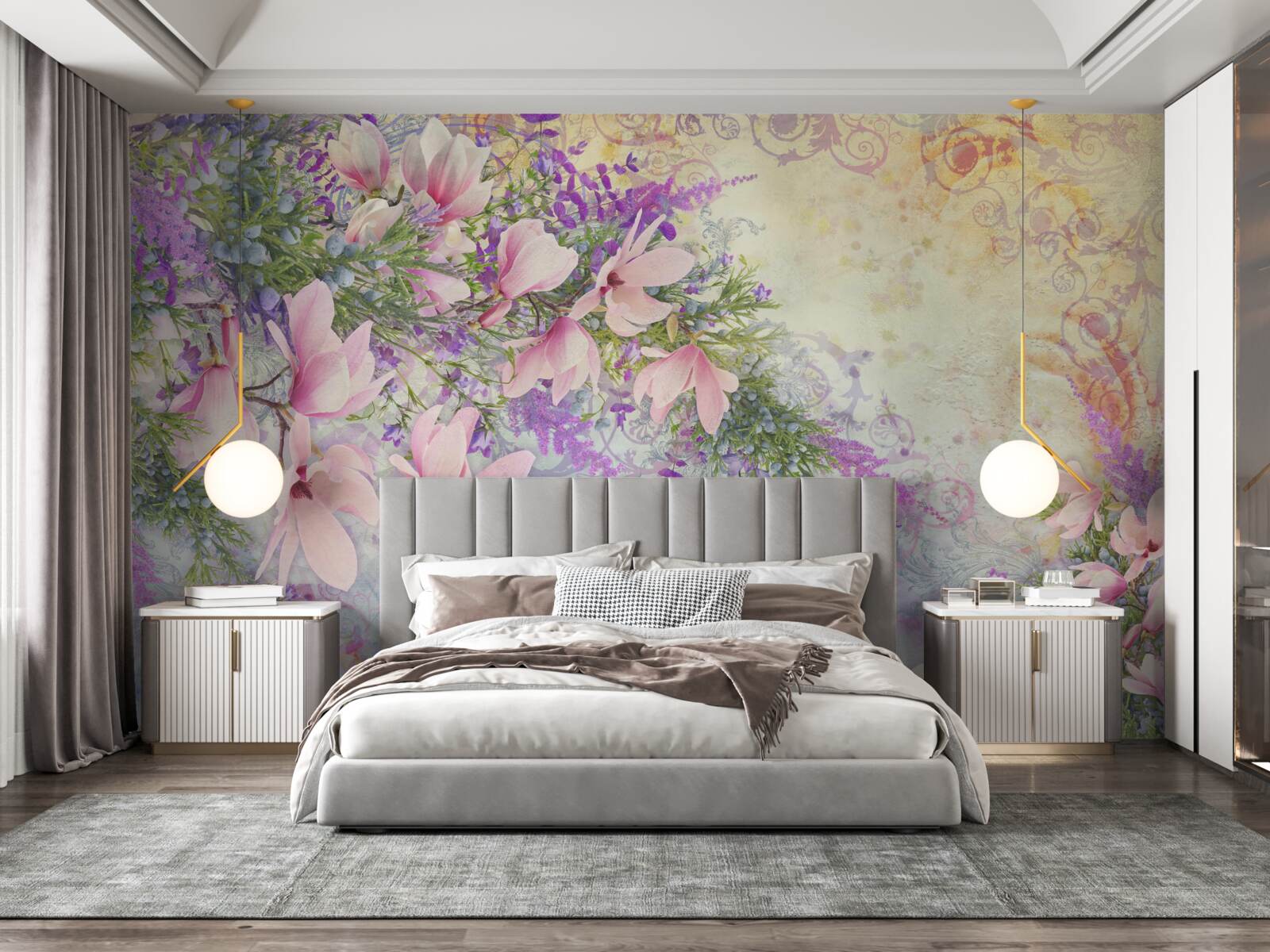 Fotobehang felle bloemen tegen een delicate achtergrond