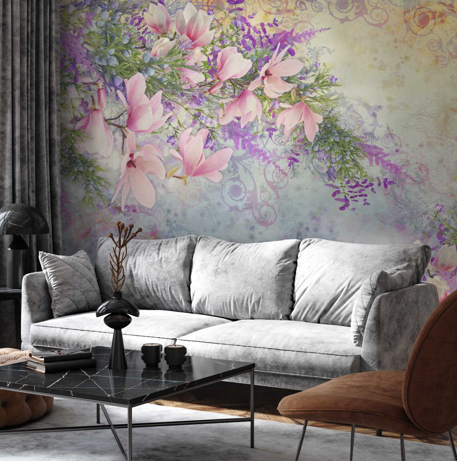 Fotobehang felle bloemen tegen een delicate achtergrond