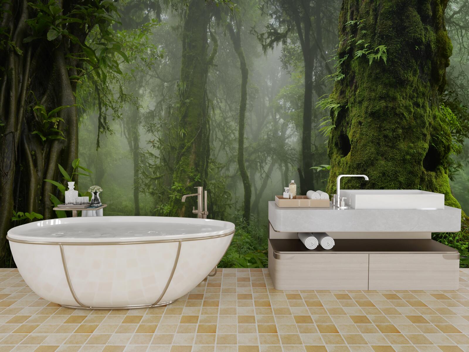 Fotobehang zware regenval in een oeroud bos