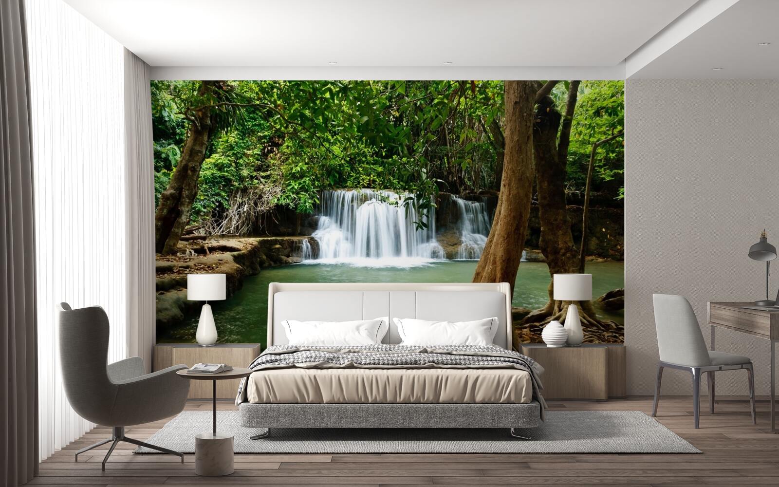 Fotobehang waterval in een eeuwenoud bos