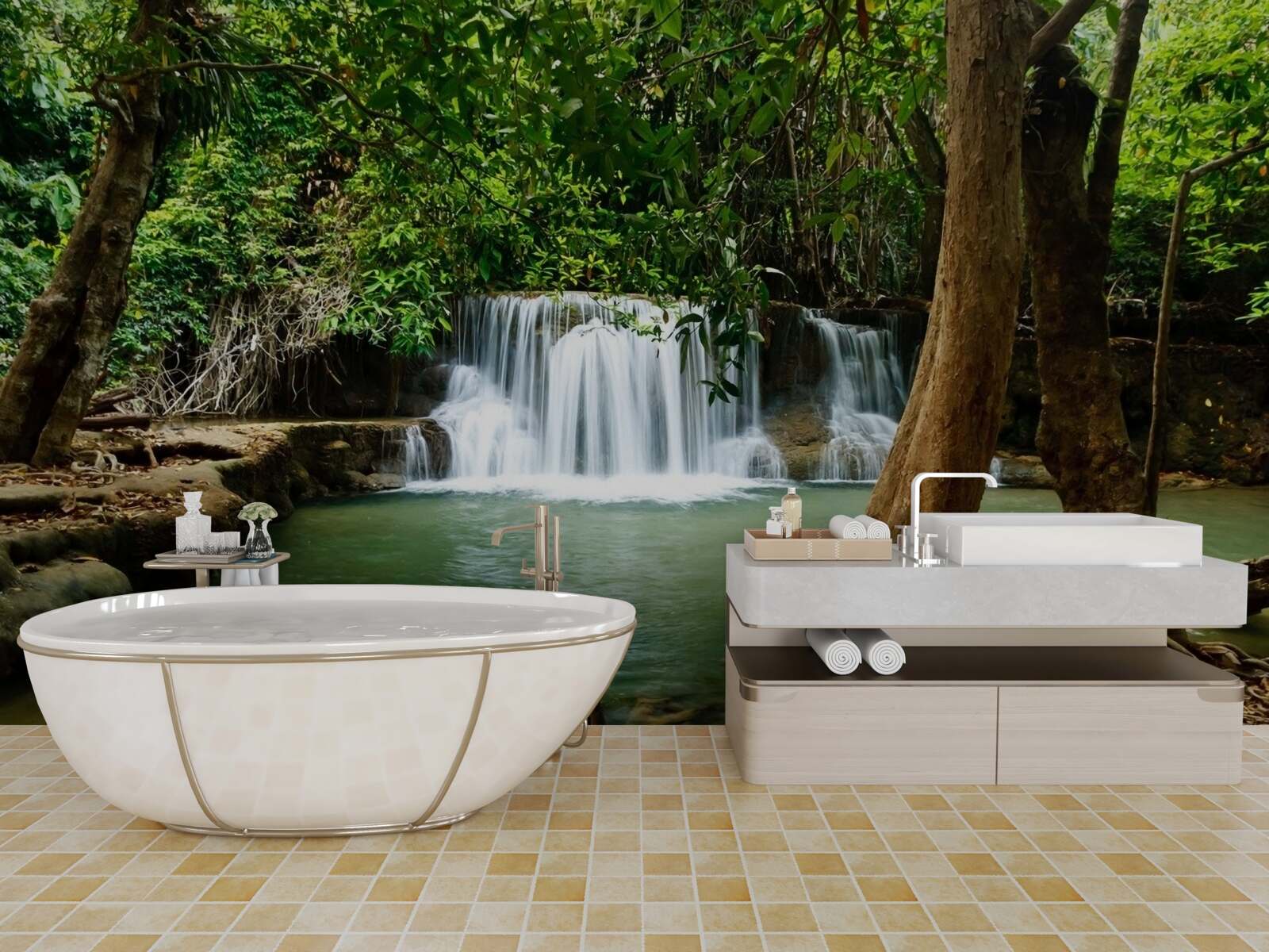 Fotobehang waterval in een eeuwenoud bos