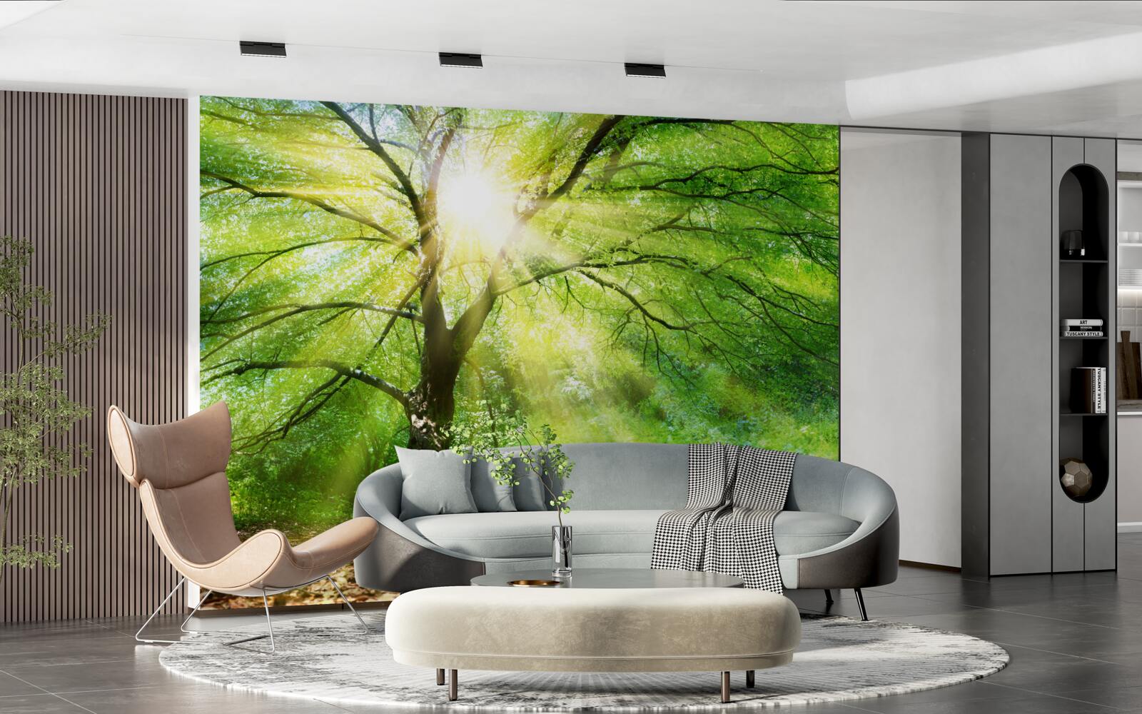 Fotobehang lichte zonnestralen breken door de weelderige boomkruinen