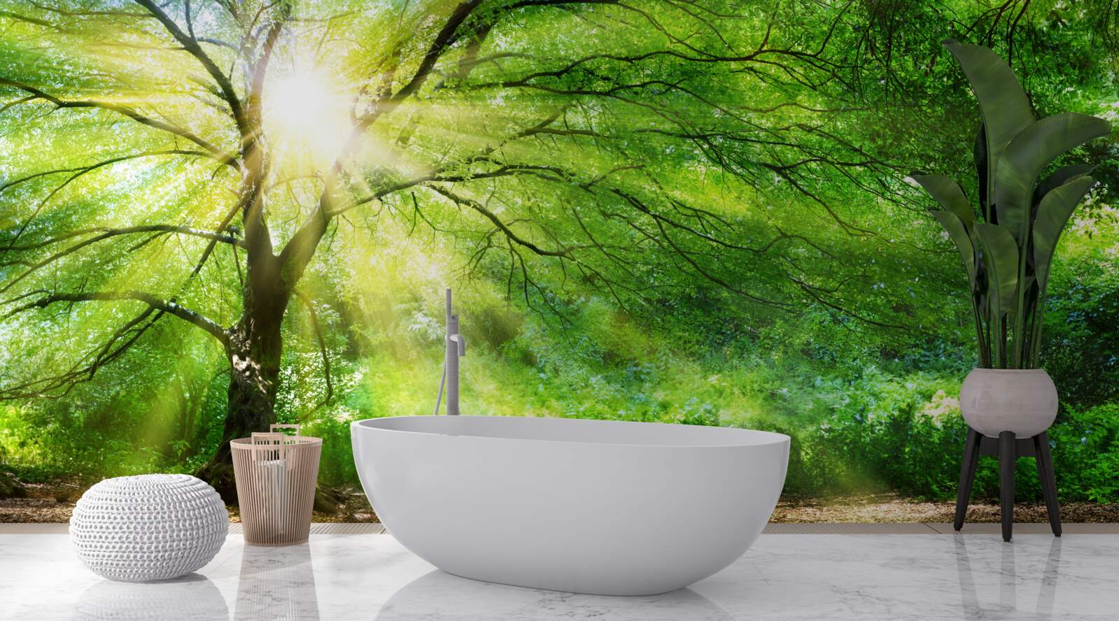 Fotobehang lichte zonnestralen breken door de weelderige boomkruinen