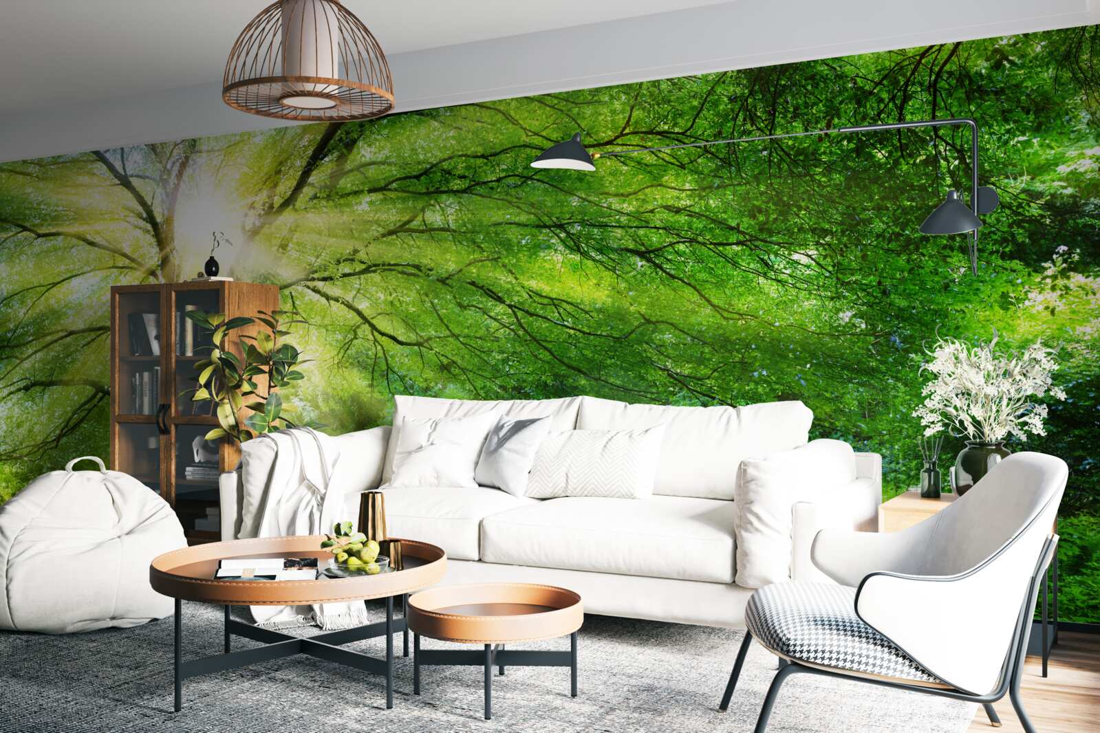 Fotobehang lichte zonnestralen breken door de weelderige boomkruinen