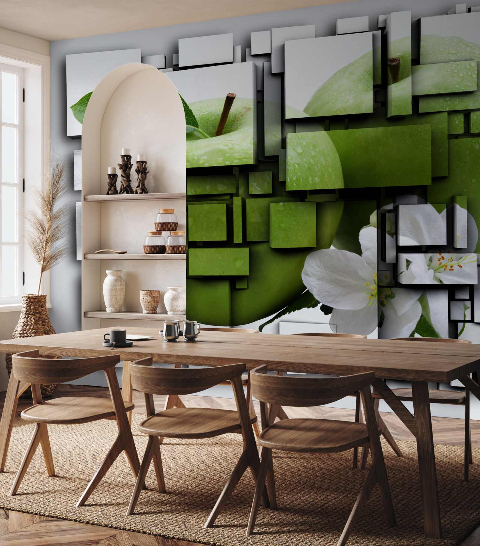 Fotobehang compositie van rechthoeken met een afbeelding van een groene appel