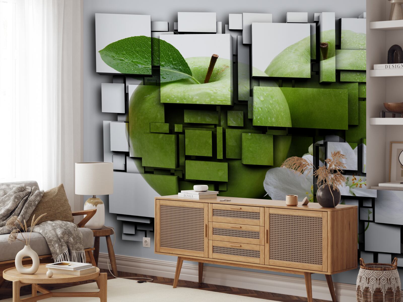 Fotobehang compositie van rechthoeken met een afbeelding van een groene appel