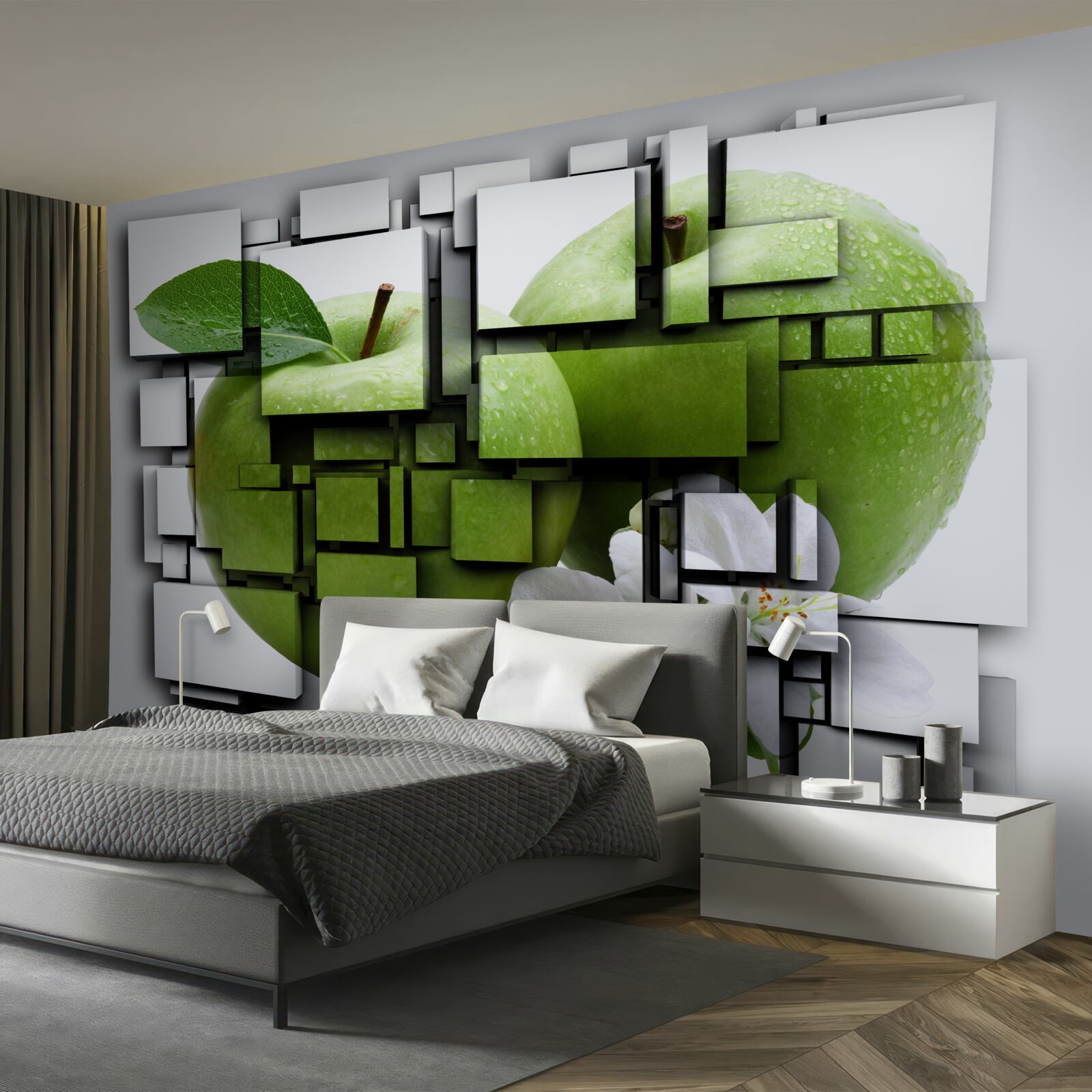 Fotobehang compositie van rechthoeken met een afbeelding van een groene appel