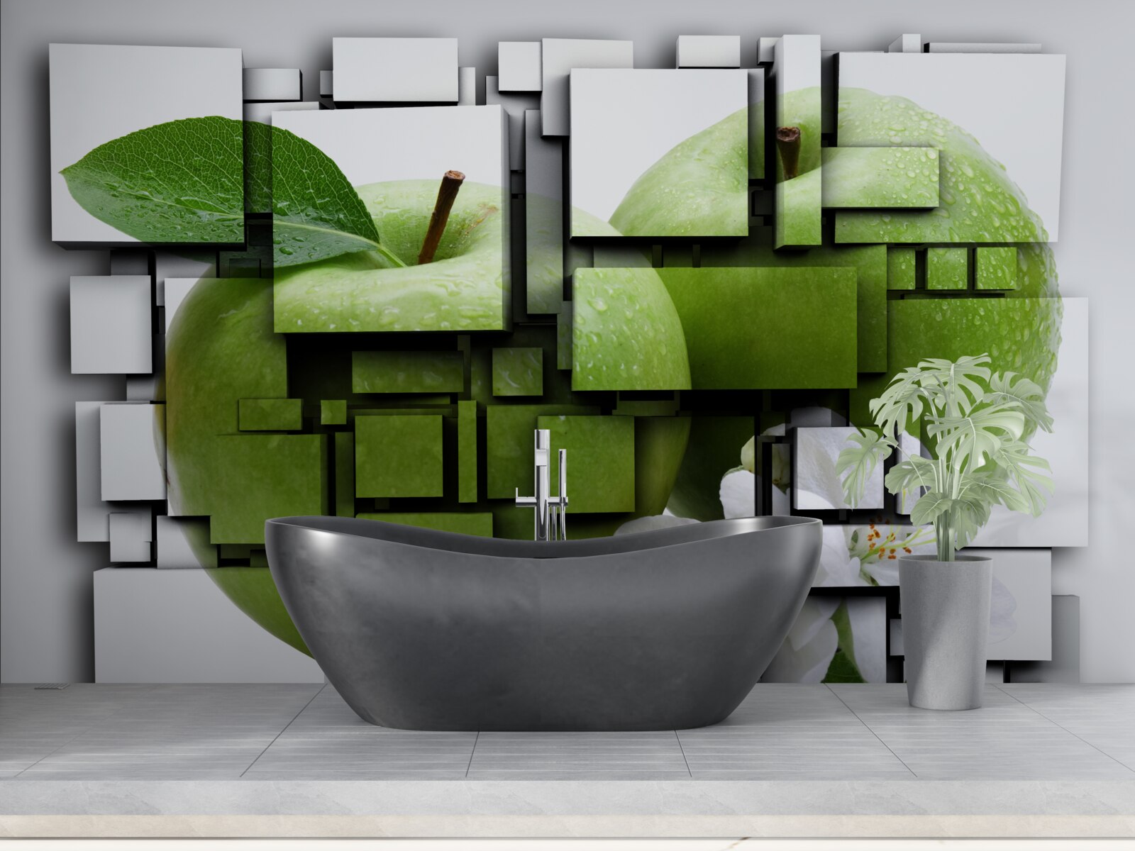 Fotobehang compositie van rechthoeken met een afbeelding van een groene appel