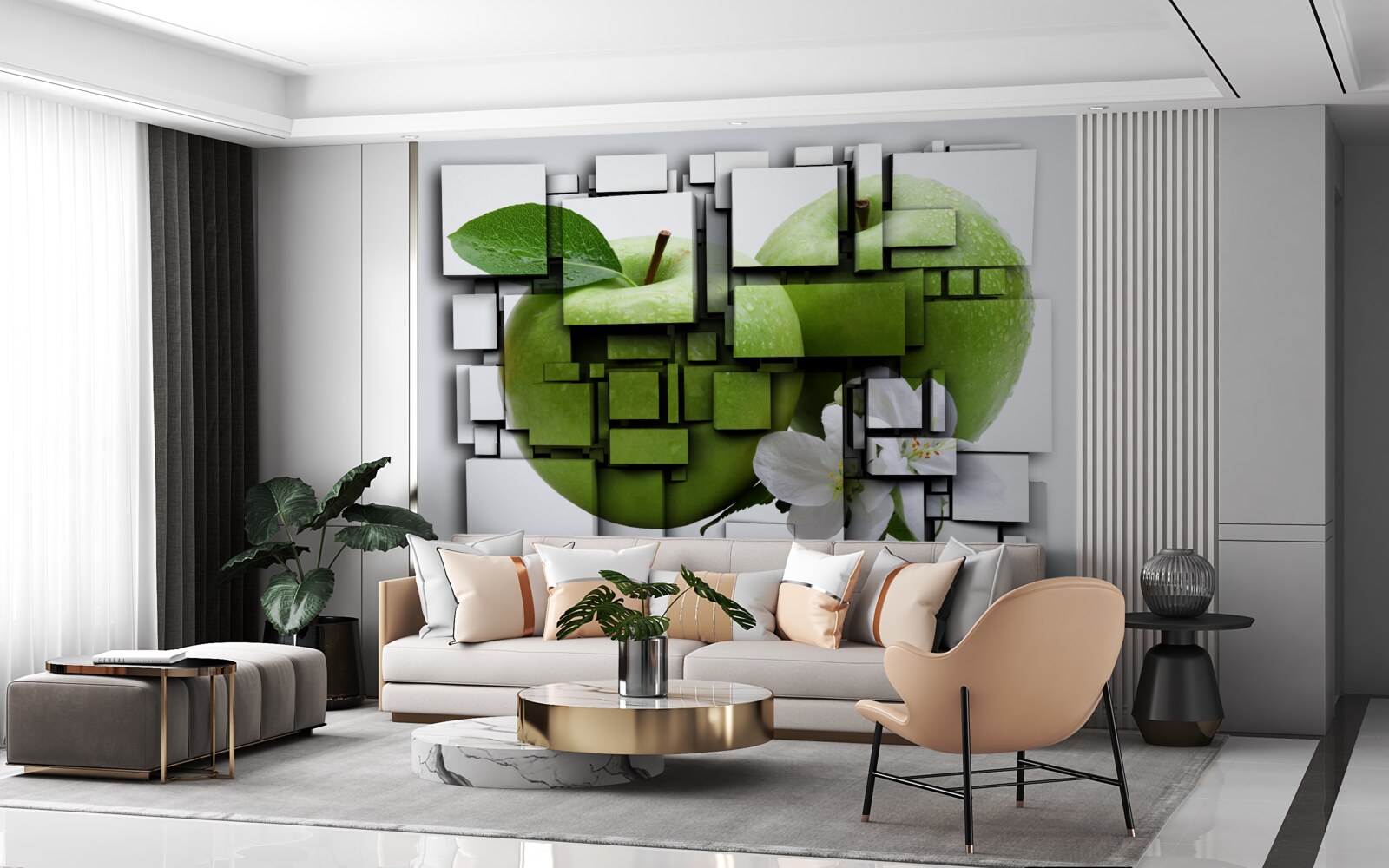 Fotobehang compositie van rechthoeken met een afbeelding van een groene appel