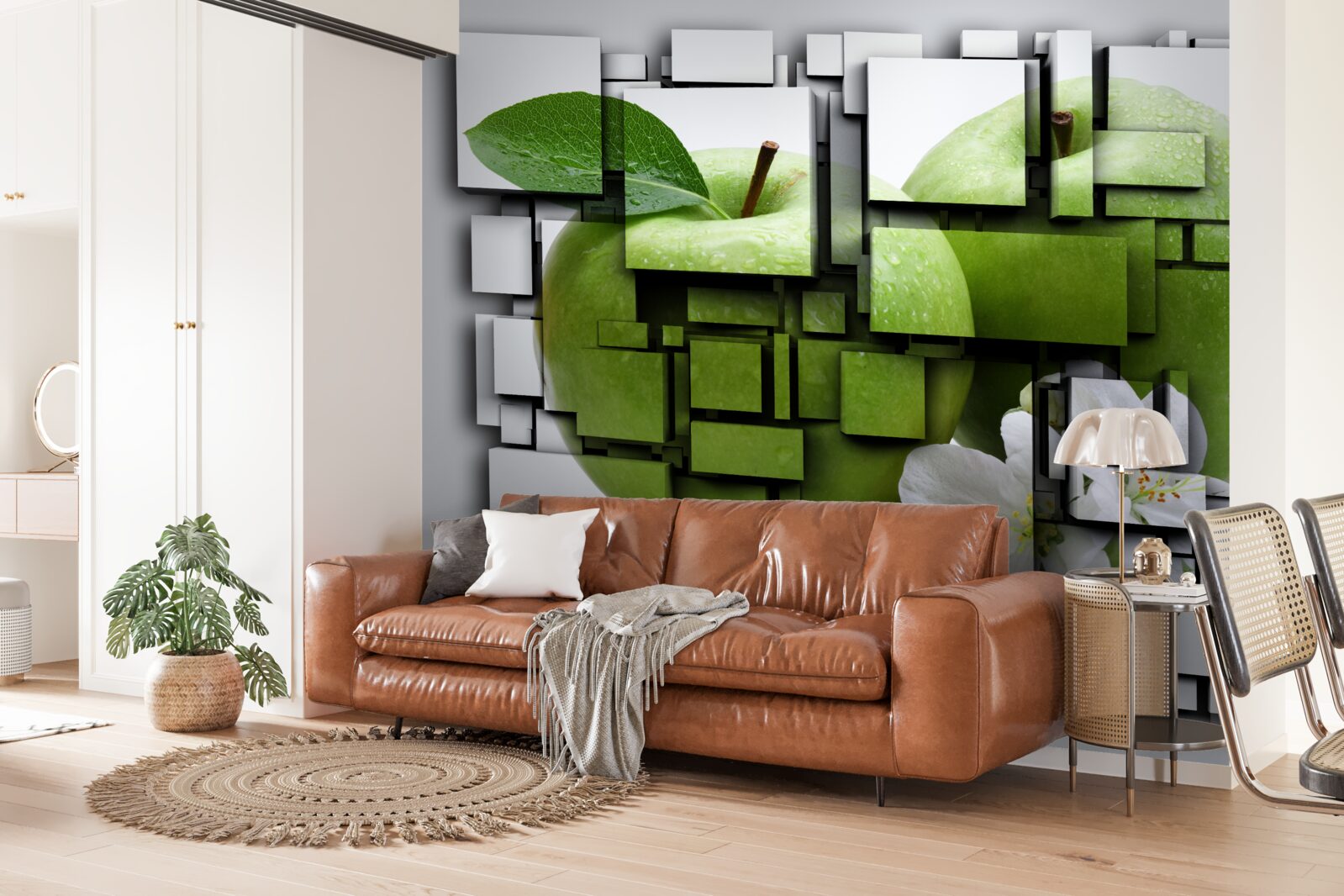 Fotobehang compositie van rechthoeken met een afbeelding van een groene appel