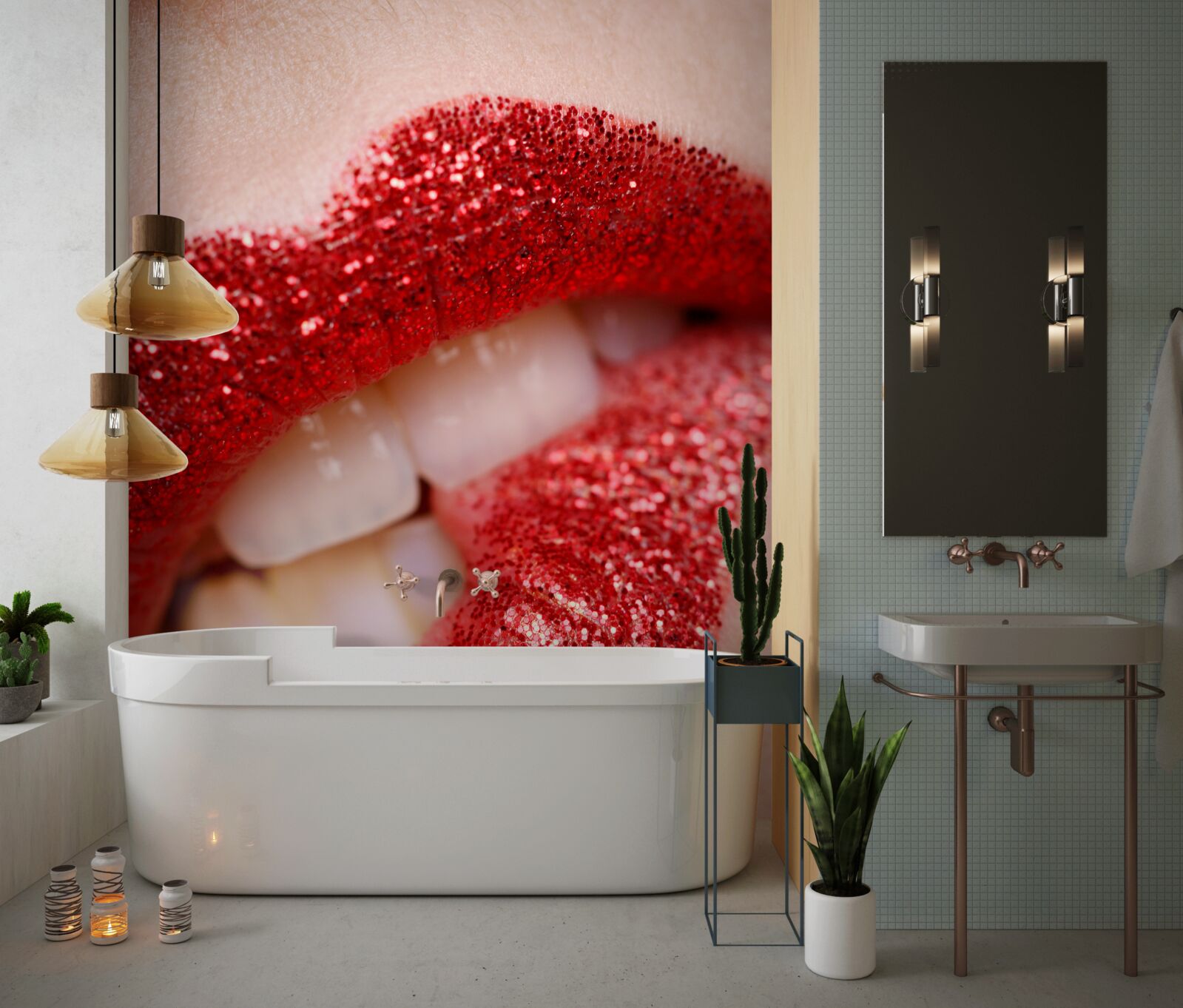 Fotobehang gebeten rode lippen met glitter