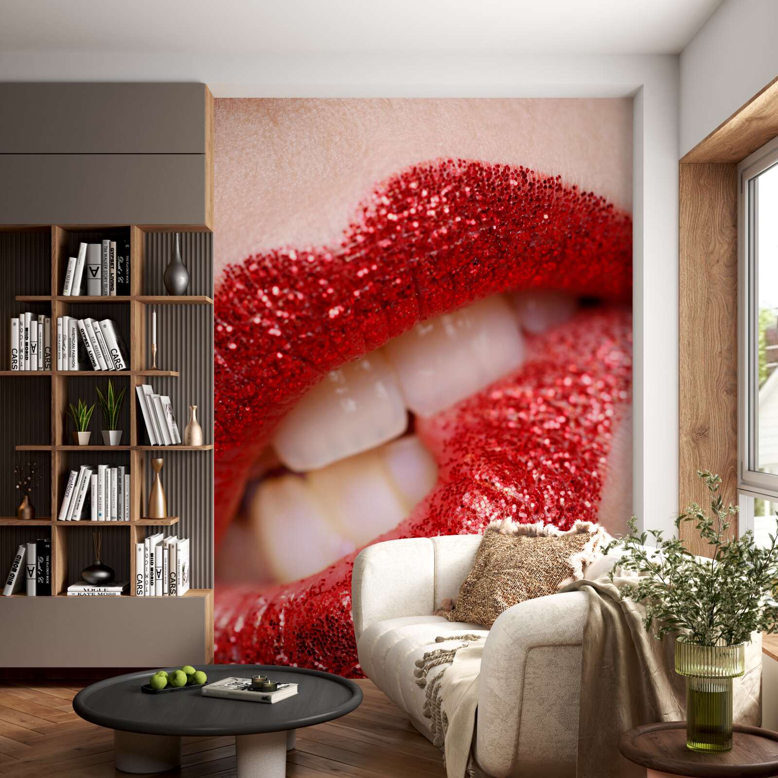 Fotobehang gebeten rode lippen met glitter