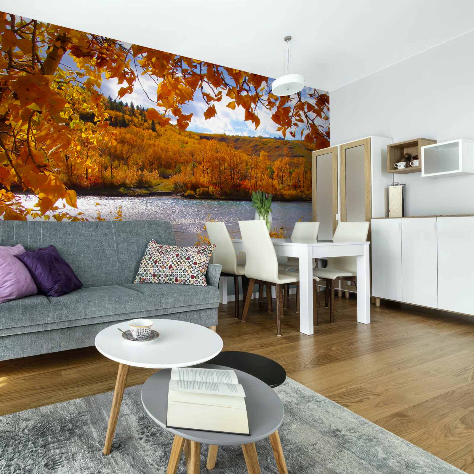 Fotobehang gouden herfst in het dichte bos bij de rivier