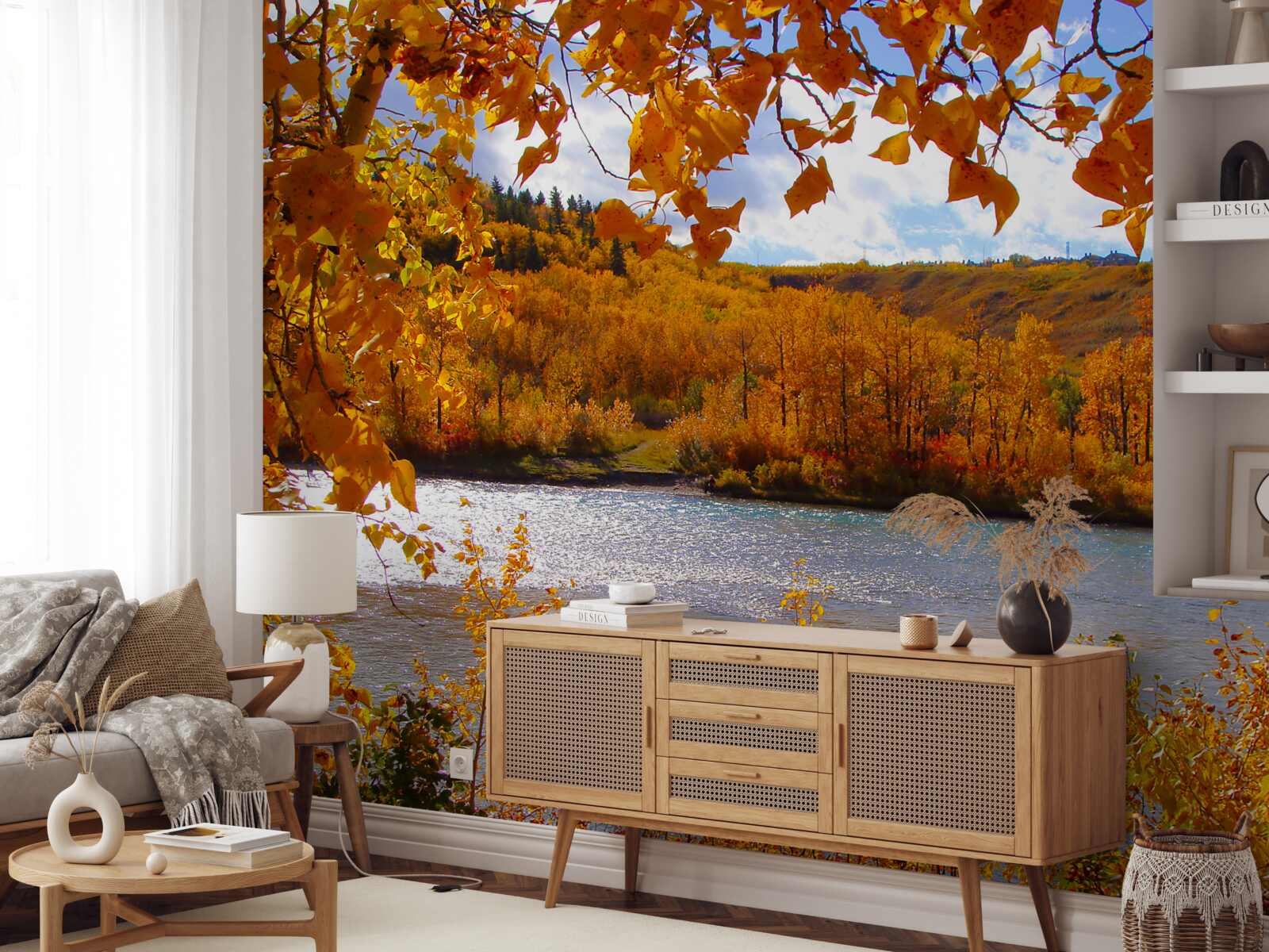 Fotobehang gouden herfst in het dichte bos bij de rivier