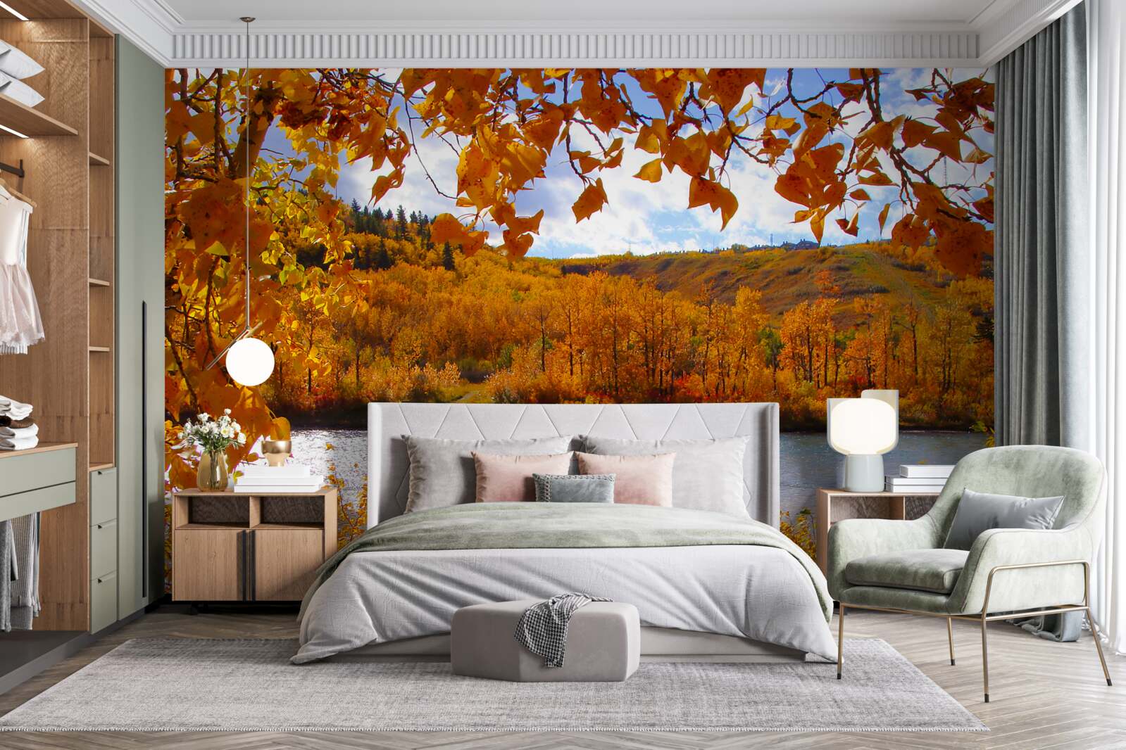 Fotobehang gouden herfst in het dichte bos bij de rivier