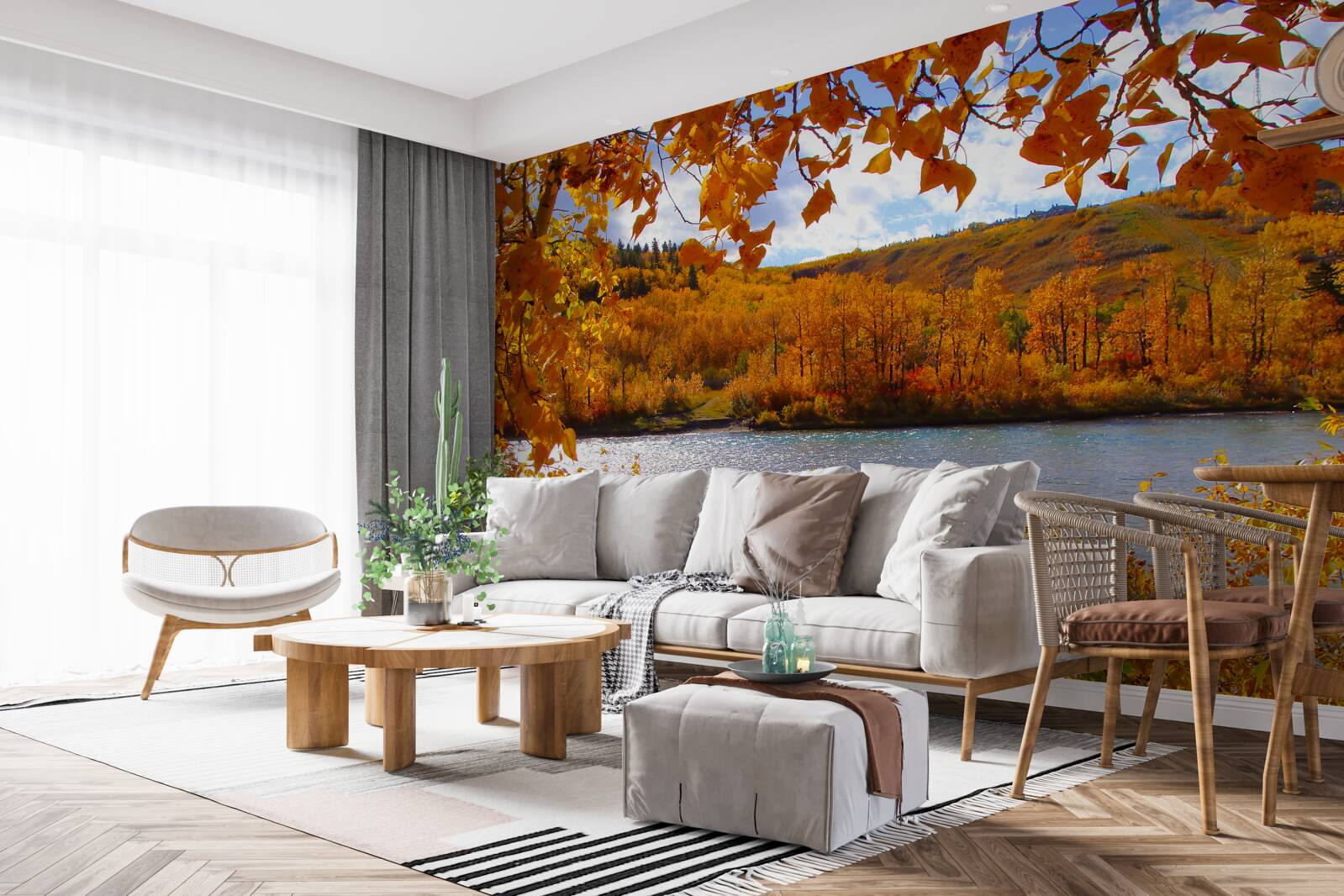 Fotobehang gouden herfst in het dichte bos bij de rivier