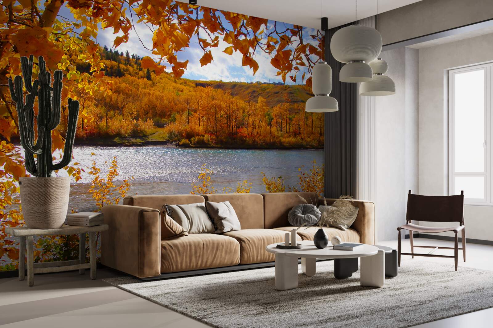 Fotobehang gouden herfst in het dichte bos bij de rivier