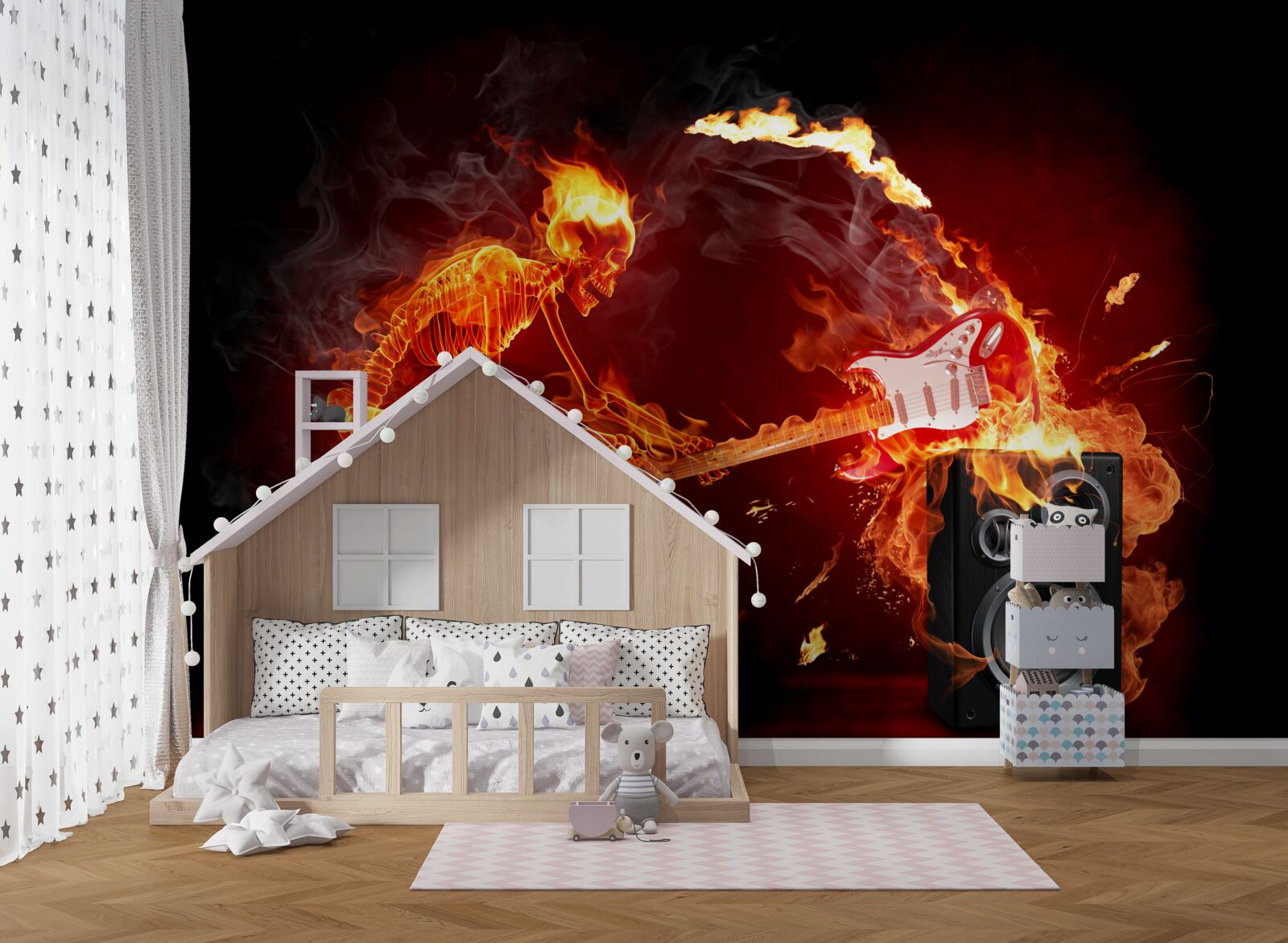 Fotobehang artiest vernielt gitaar op versterker