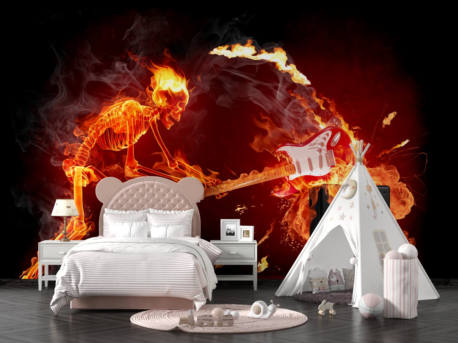 Fotobehang artiest vernielt gitaar op versterker