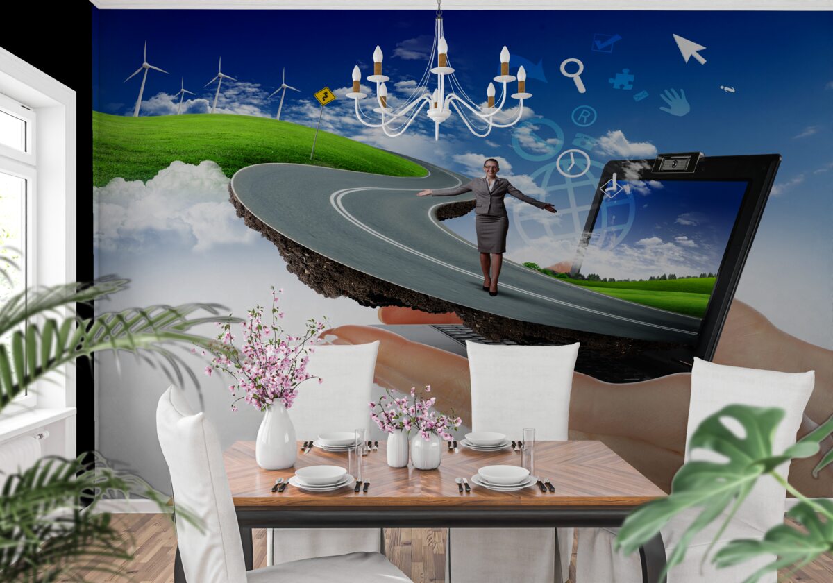 Fotobehang in de lucht is een dure abstractie met een wandelend meisje